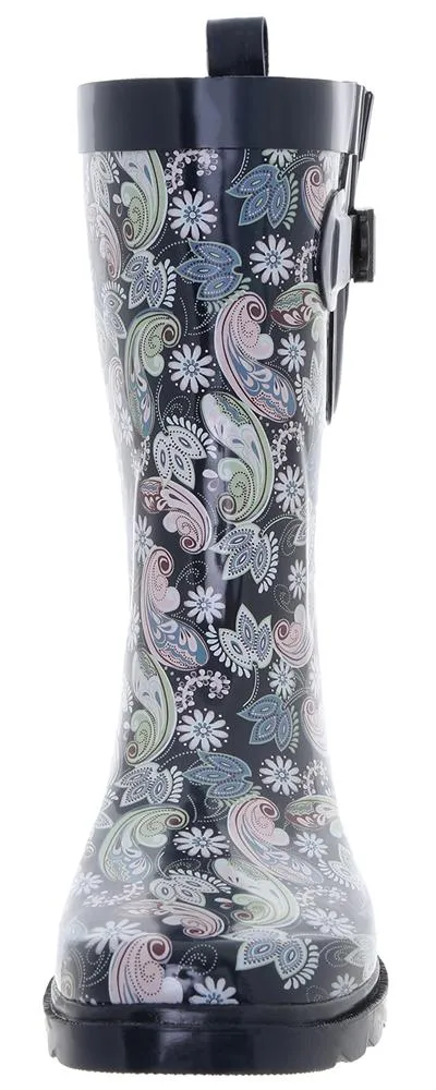 Ladies Multicolored Ornate Paisley Mid-Calf Rain Boot All Day Walk Active Foot Support