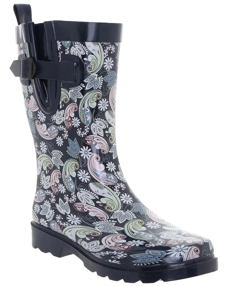Slip On Style Ladies Multicolored Ornate Paisley Mid-Calf Rain Boot
