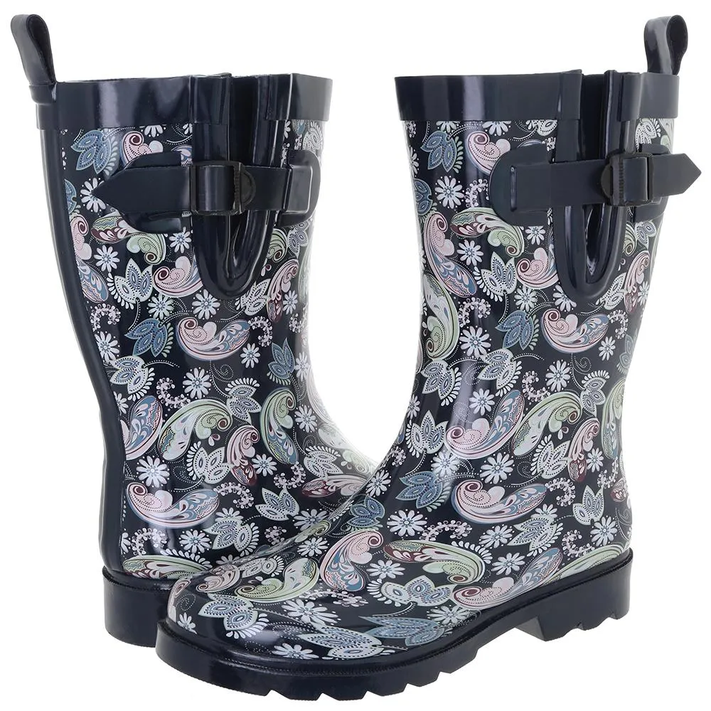 Ladies Multicolored Ornate Paisley Mid-Calf Rain Boot Storm Ready