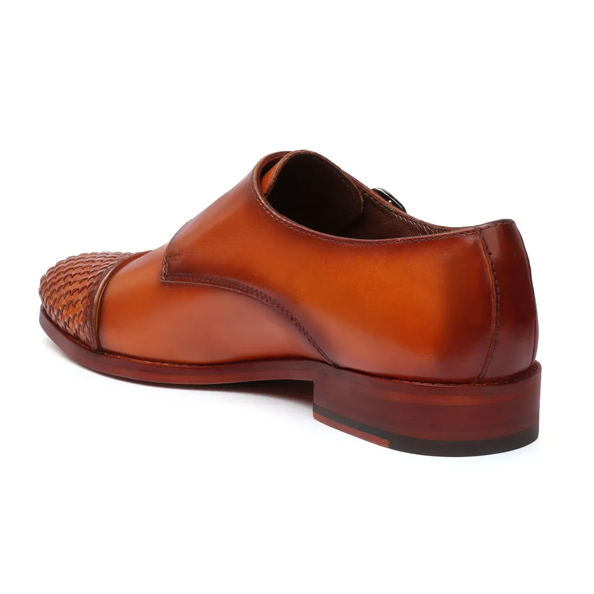 Tan Contrasting Cap Toe Leather Woven Detailed Double Monk With Leather Sole Shoes By Brune & Bareskin Light Balance Quick Drying