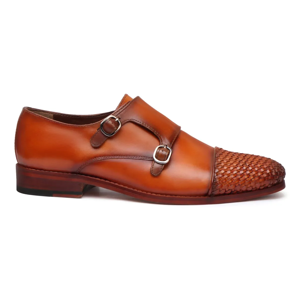 Taper Shape Edge Shade Tan Contrasting Cap Toe Leather Woven Detailed Double Monk With Leather Sole Shoes By Brune & Bareskin