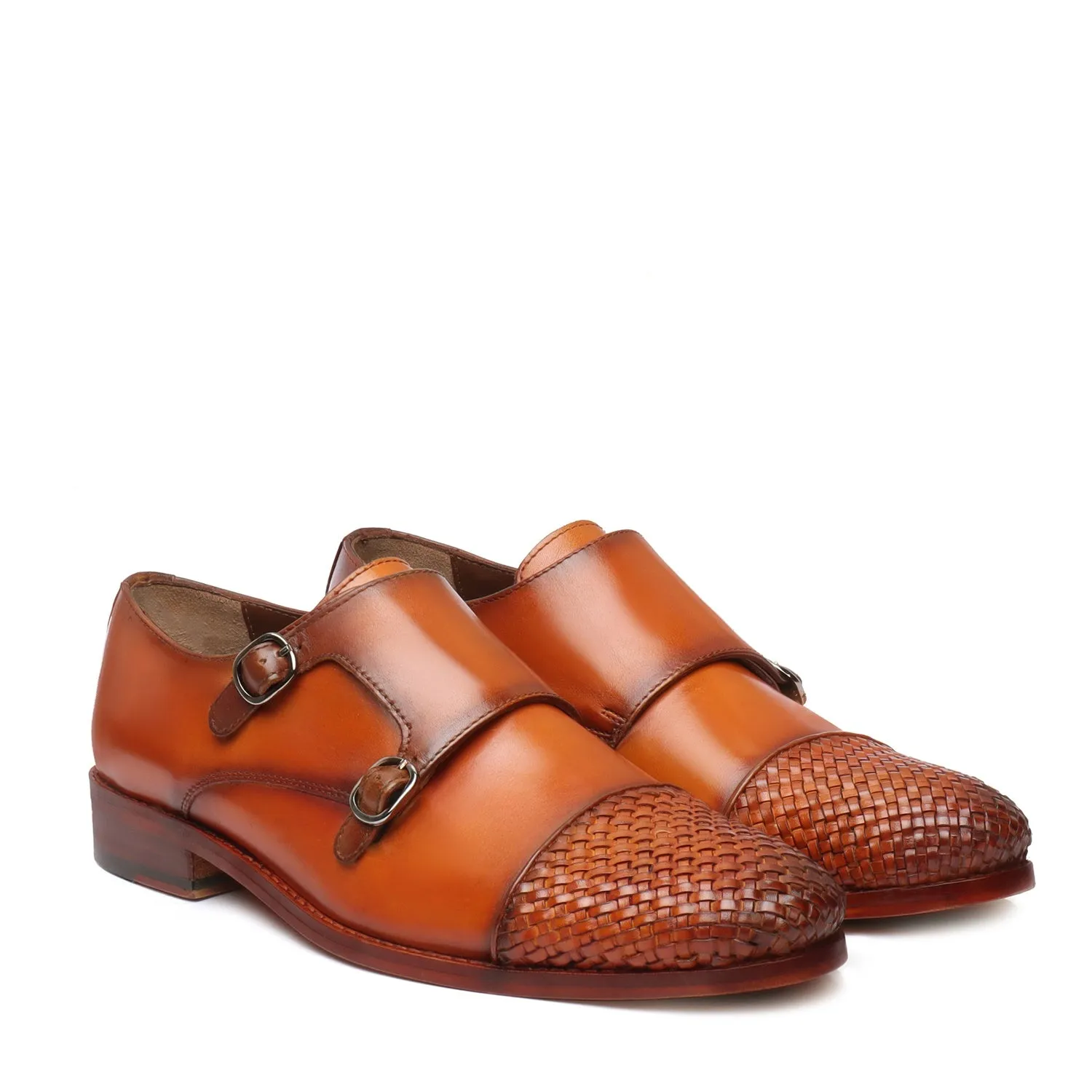 Fashionable Tan Contrasting Cap Toe Leather Woven Detailed Double Monk With Leather Sole Shoes By Brune & Bareskin