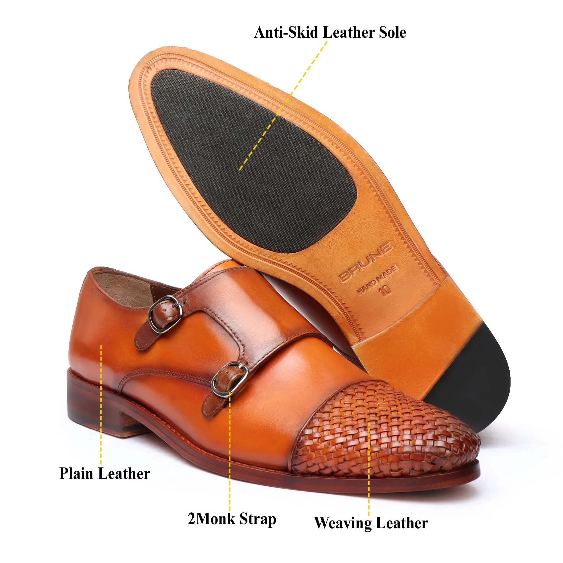 Tan Contrasting Cap Toe Leather Woven Detailed Double Monk With Leather Sole Shoes By Brune & Bareskin Endless Style