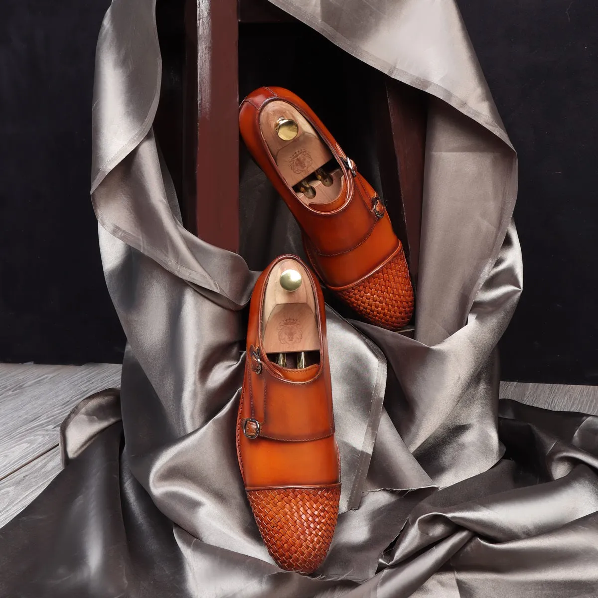 Tan Contrasting Cap Toe Leather Woven Detailed Double Monk With Leather Sole Shoes By Brune & Bareskin Anti Fall