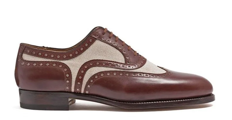 Office Wear Comfort Fit OXFORD FULL BROGUE WITH WING CAP IN FULL GRAIL LEATHER WITH CANVAS