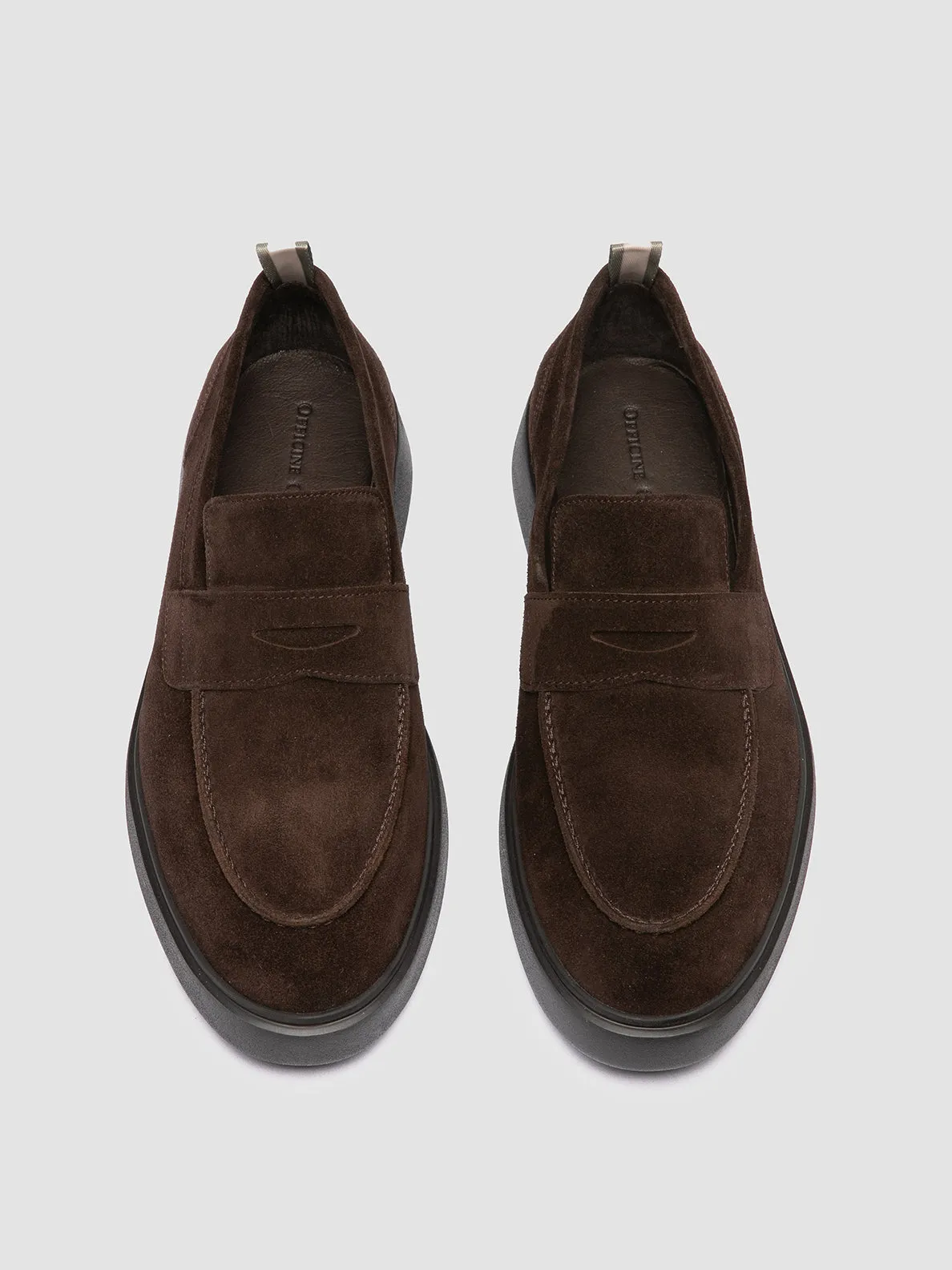 FRAME 001 - Brown Suede Penny Loafers Wide Base
