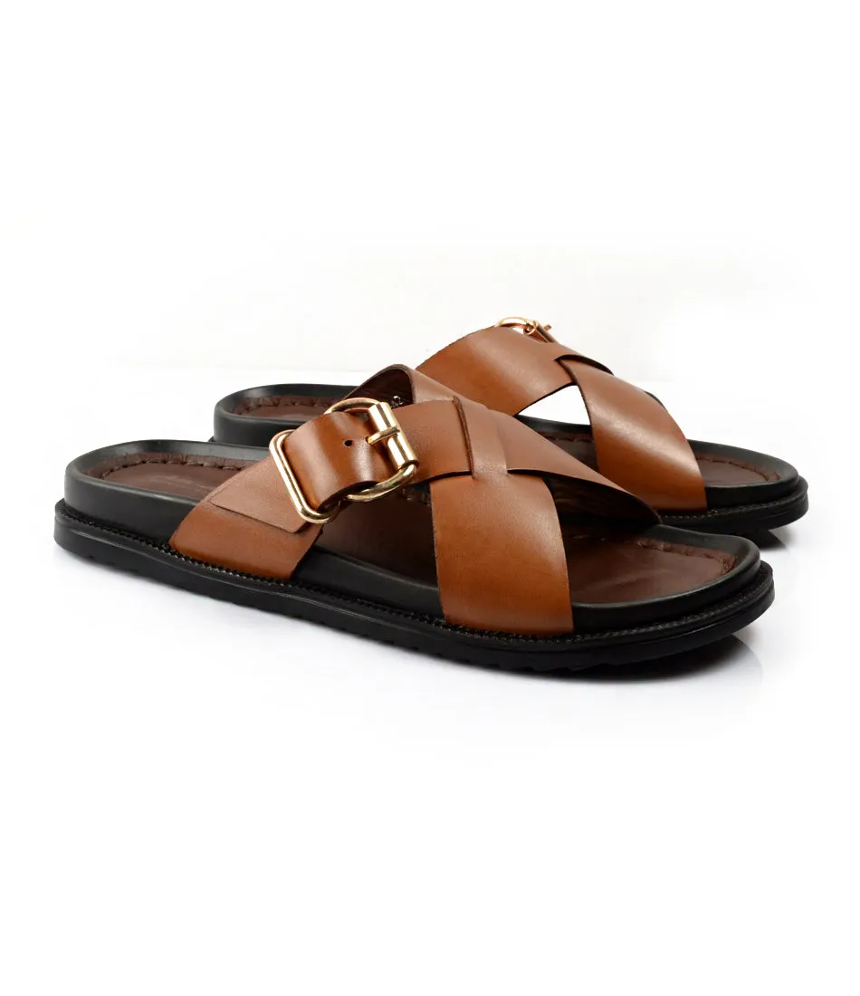 Torino Leather Slippers - Tan Stylish Pattern Runway Style