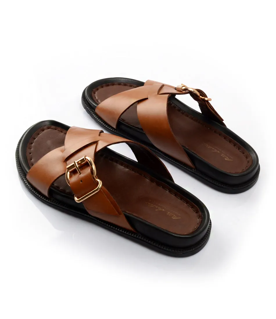 Polished Trim Prestige Mode Torino Leather Slippers - Tan