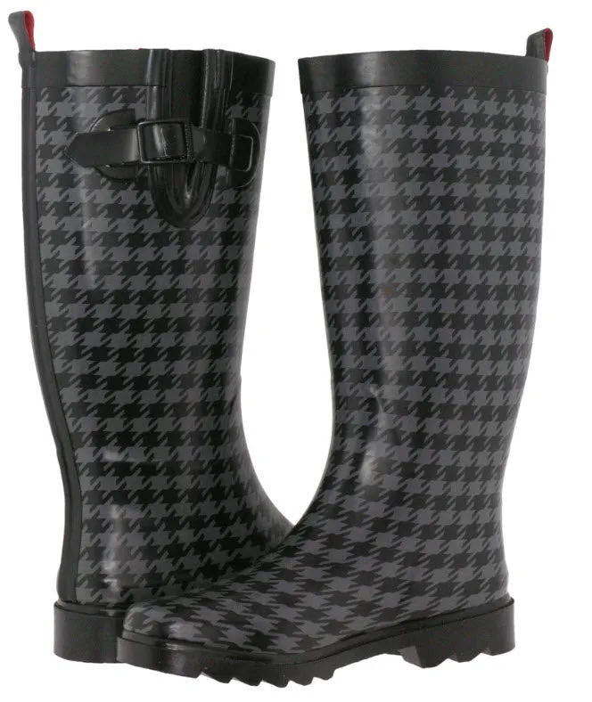 Ladies Houndstooth Tall Rubber Rain Boot Quick Step Fit Boots Waterproof Wear