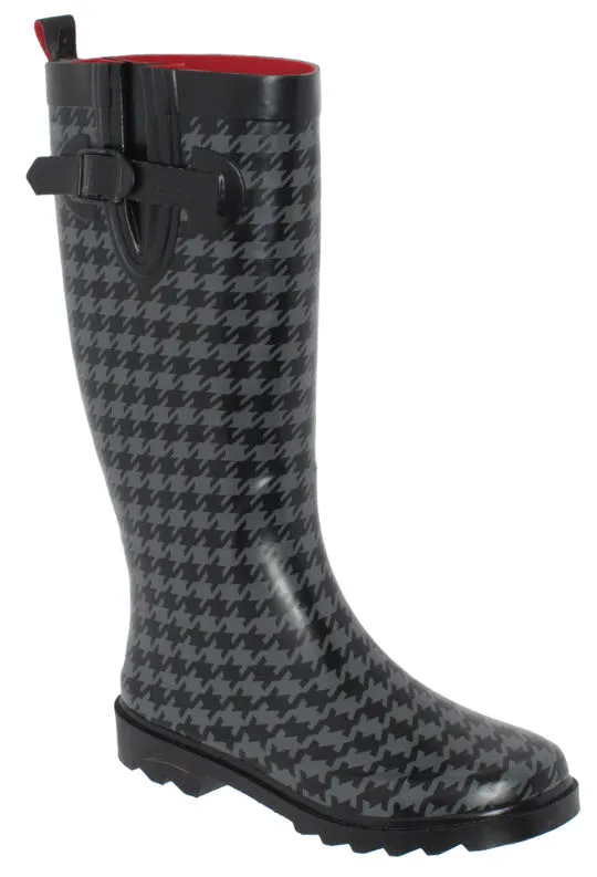 Quick Style Ladies Houndstooth Tall Rubber Rain Boot