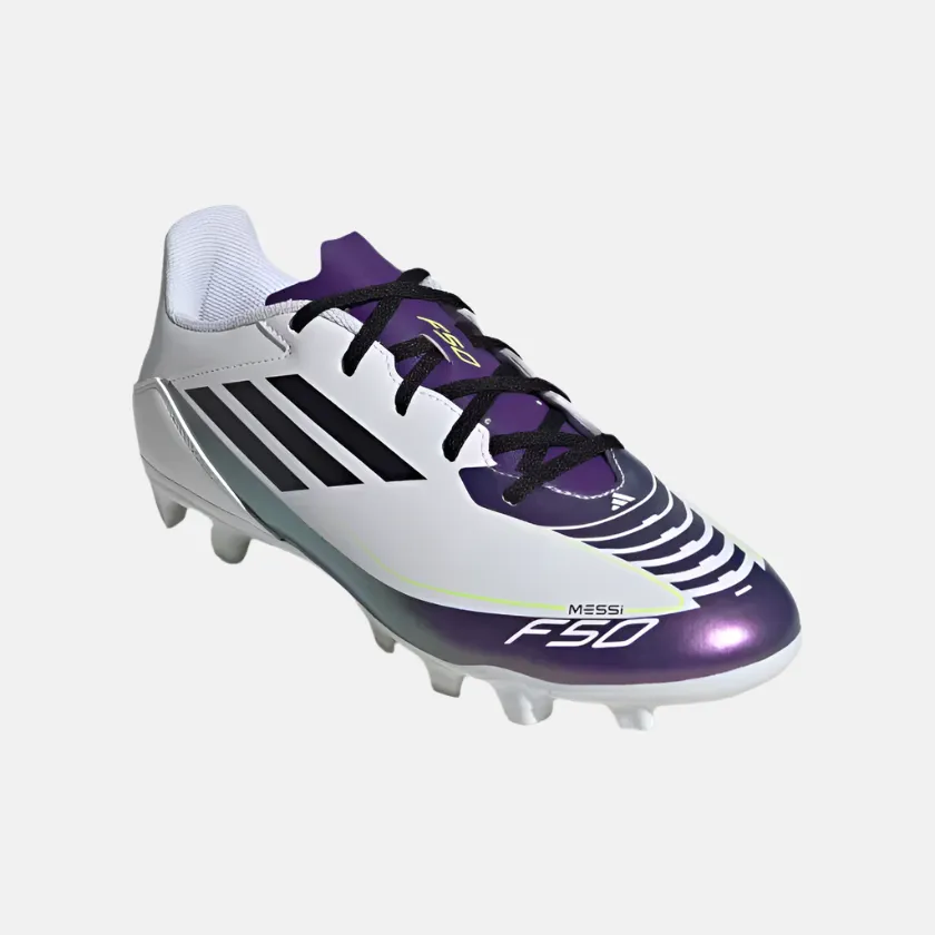 Fast Turns Adidas F50 Club Messi Flexible-Ground Football Shoes -Cloud White/Core Black/Purple