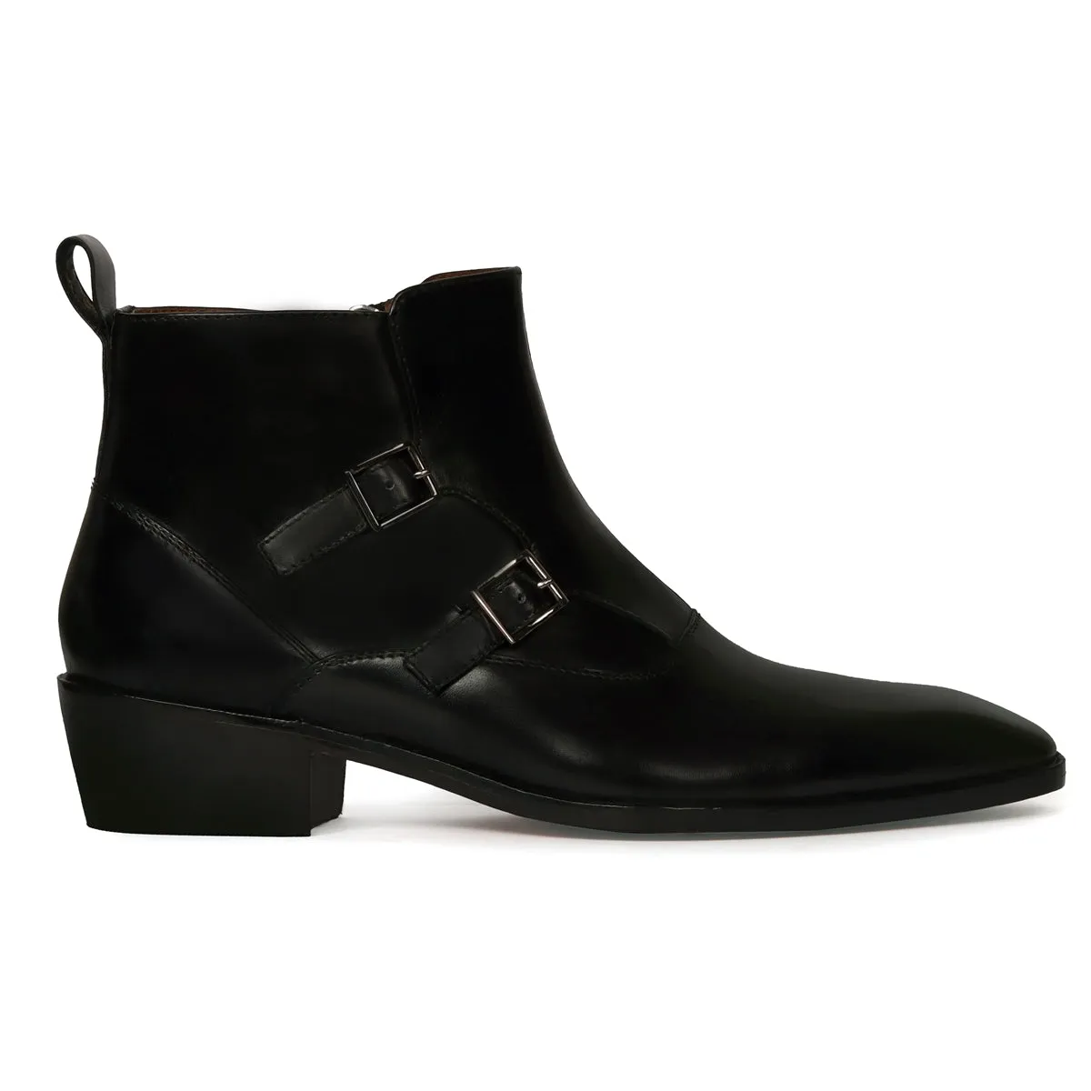 Shock Absorbing Polished Surface Double Monk Sleek Look Zip Closure Luxurious Black Leather Cuban Heel Chelsea Boot By Brune & Bareskin