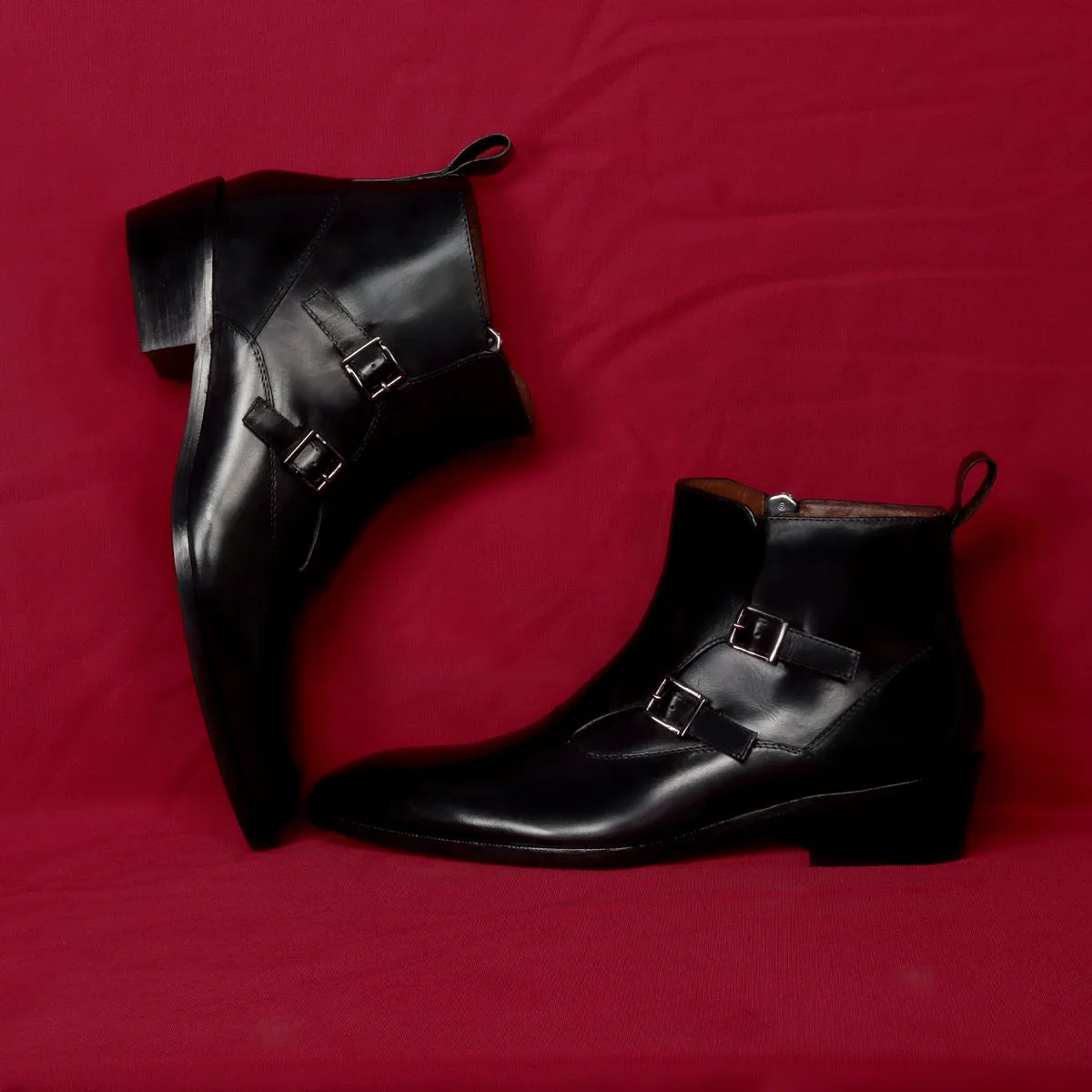 Double Monk Sleek Look Zip Closure Luxurious Black Leather Cuban Heel Chelsea Boot By Brune & Bareskin Walk Strong Korean Fit