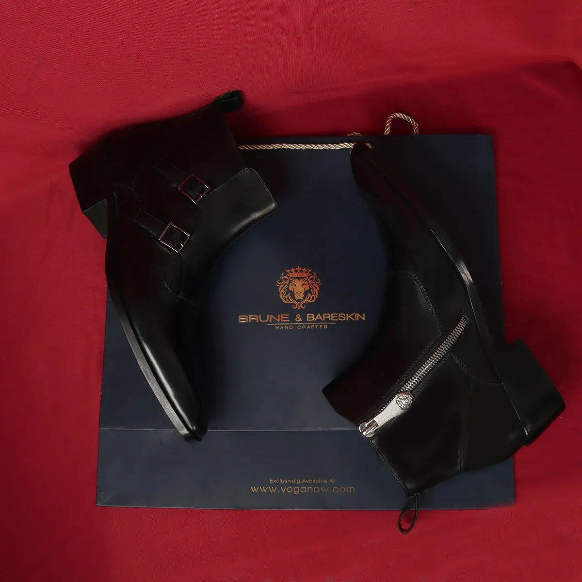 Double Monk Sleek Look Zip Closure Luxurious Black Leather Cuban Heel Chelsea Boot By Brune & Bareskin Fine Craftsmanship