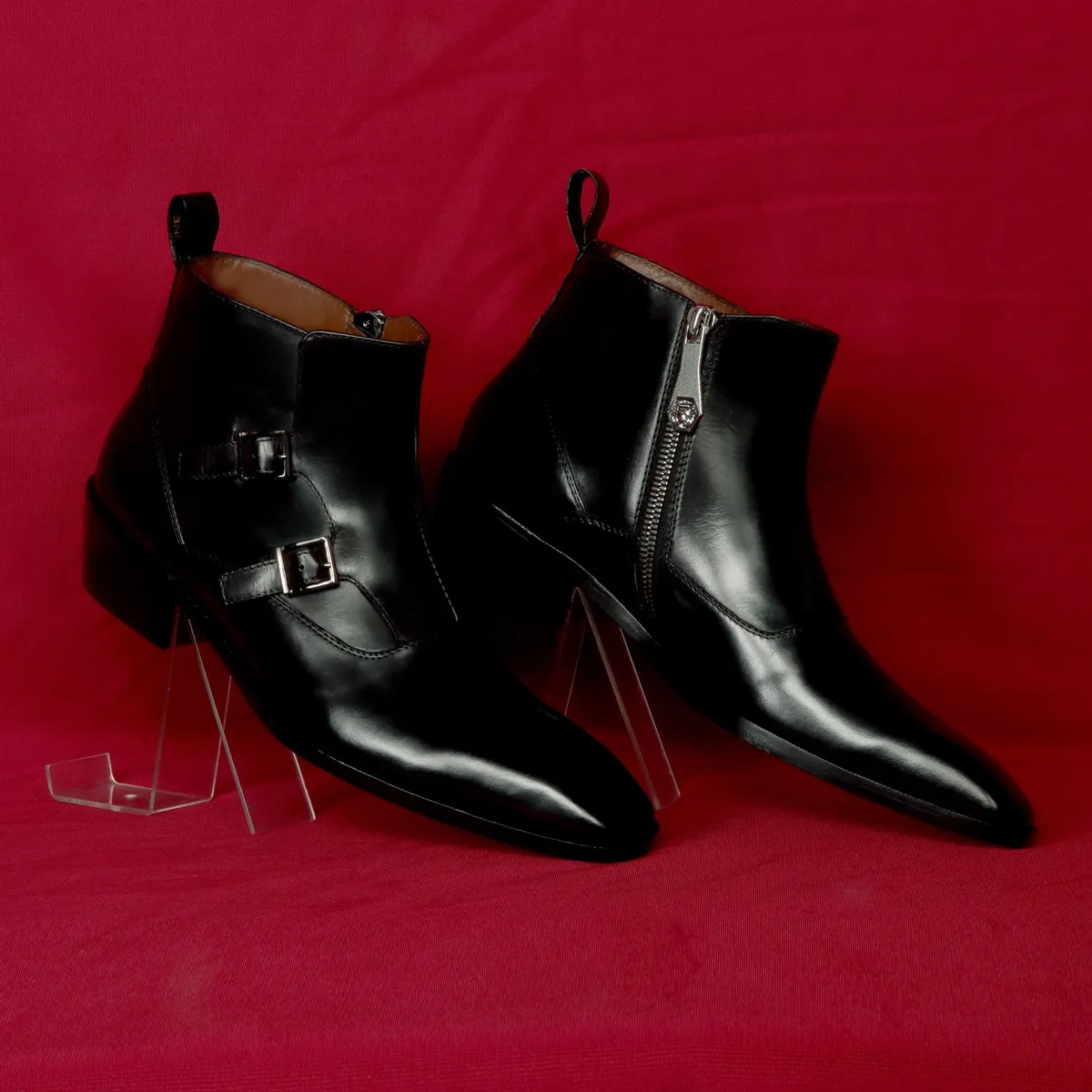 Double Monk Sleek Look Zip Closure Luxurious Black Leather Cuban Heel Chelsea Boot By Brune & Bareskin Scandi Style
