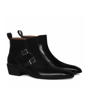 Style Shade Suede Soft Double Monk Sleek Look Zip Closure Luxurious Black Leather Cuban Heel Chelsea Boot By Brune & Bareskin