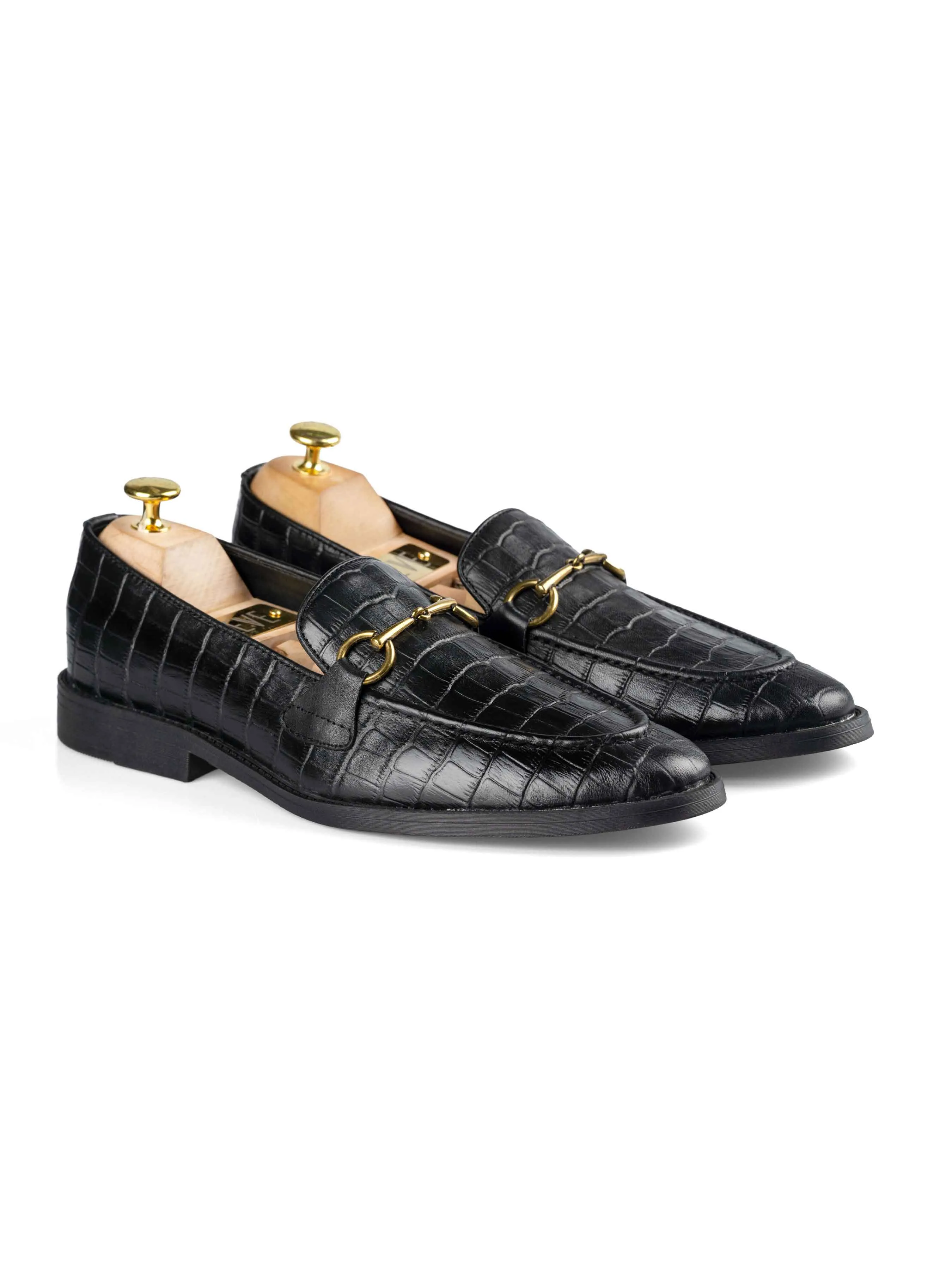 Horsebit Buckle Loafer - Black Croco Leather (Flexi-Sole) Side Gusset Free Path Lane