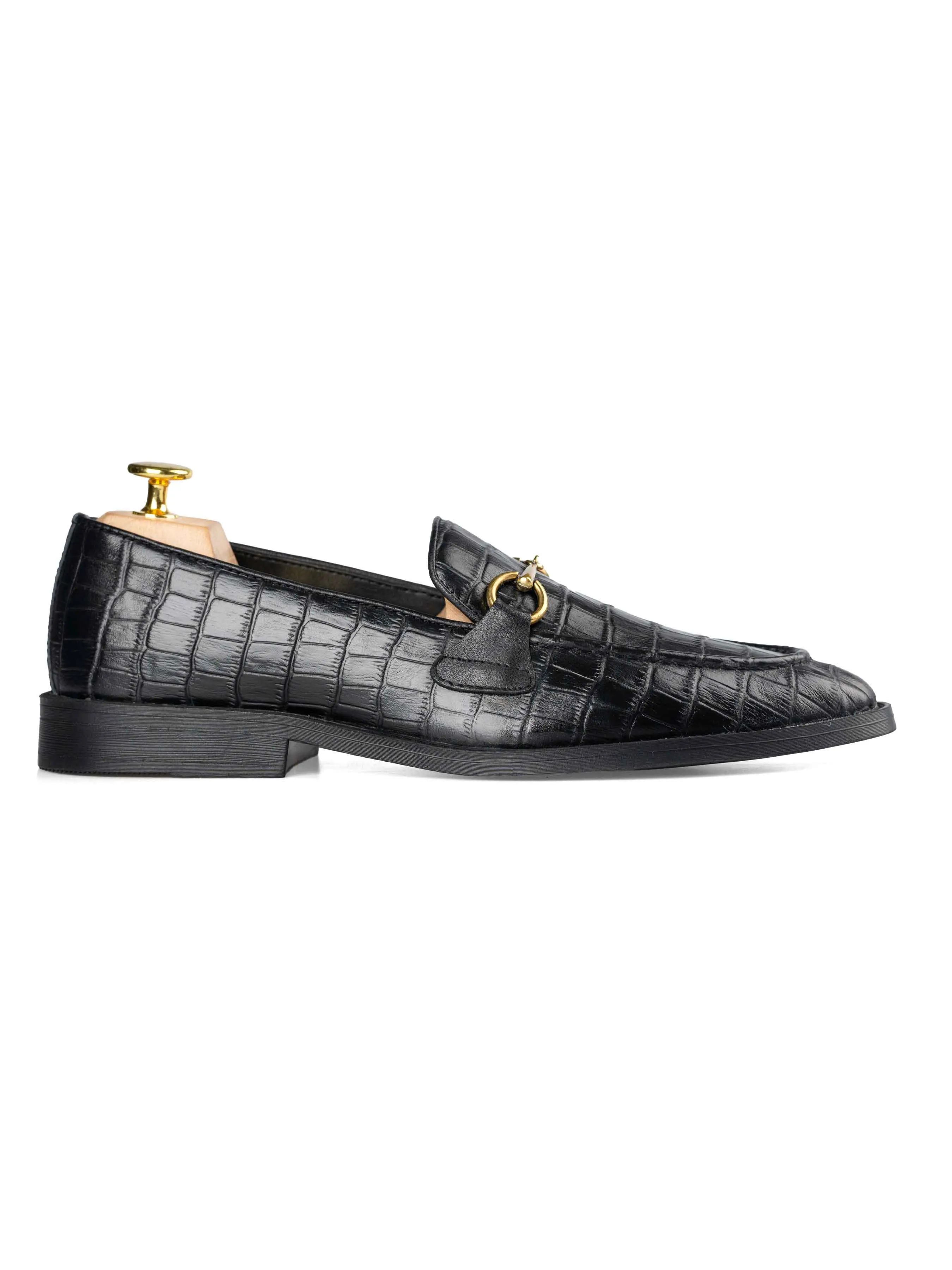 Soft Hold True Walk Horsebit Buckle Loafer - Black Croco Leather (Flexi-Sole)