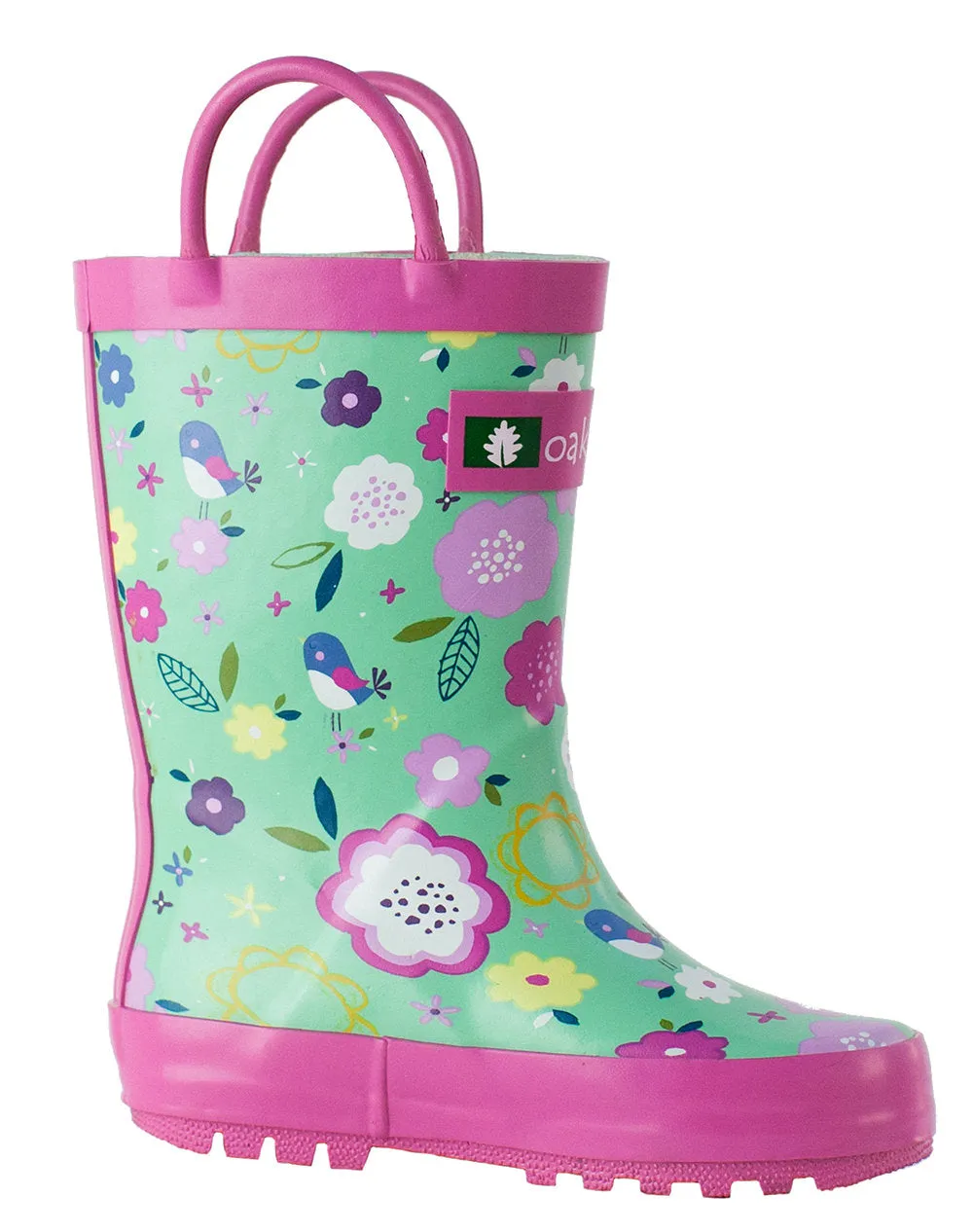 Utility Comfort Spring Ready Green Floral Loop Handle Rubber Rain Boots