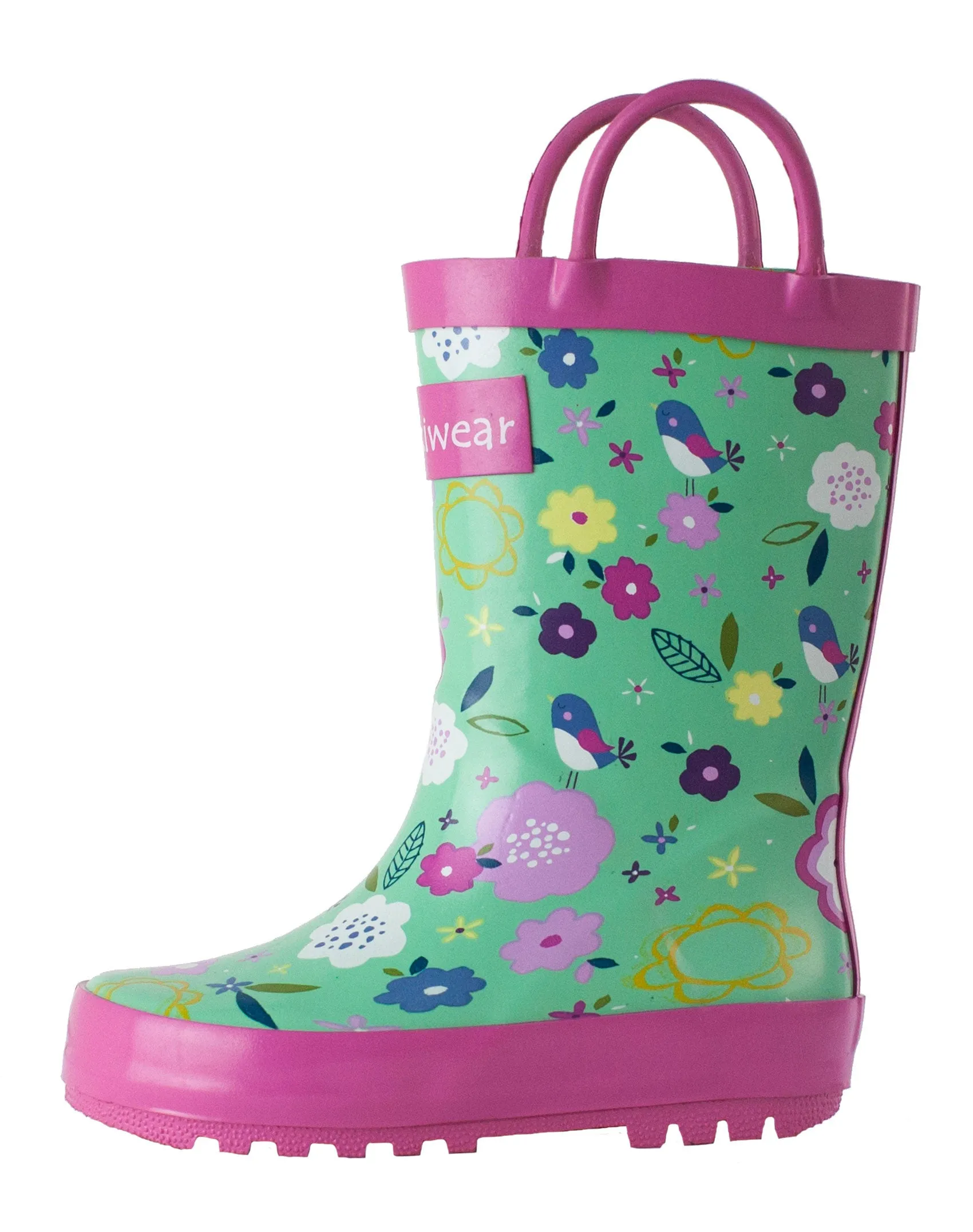 Walking Flex Walking and Comfort Green Floral Loop Handle Rubber Rain Boots