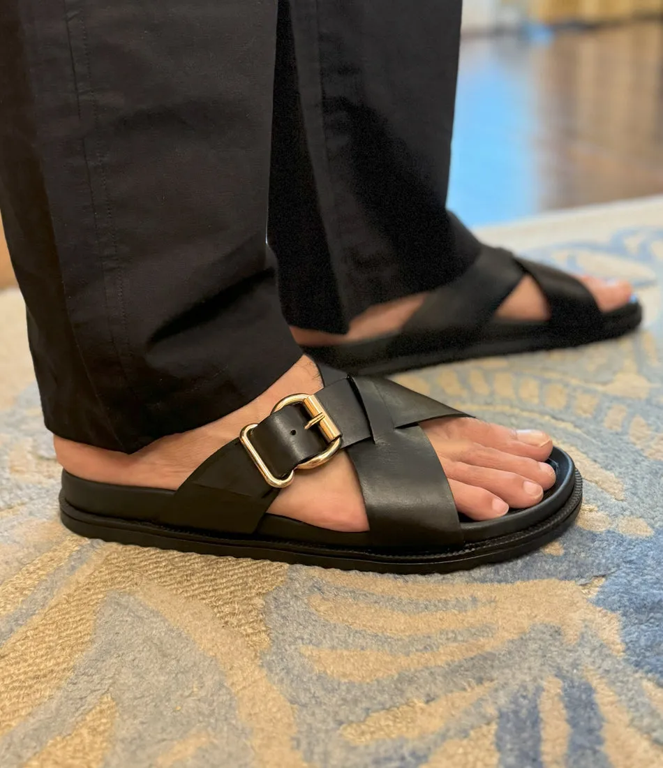 Torino Leather Slippers - Black Wedge Sole