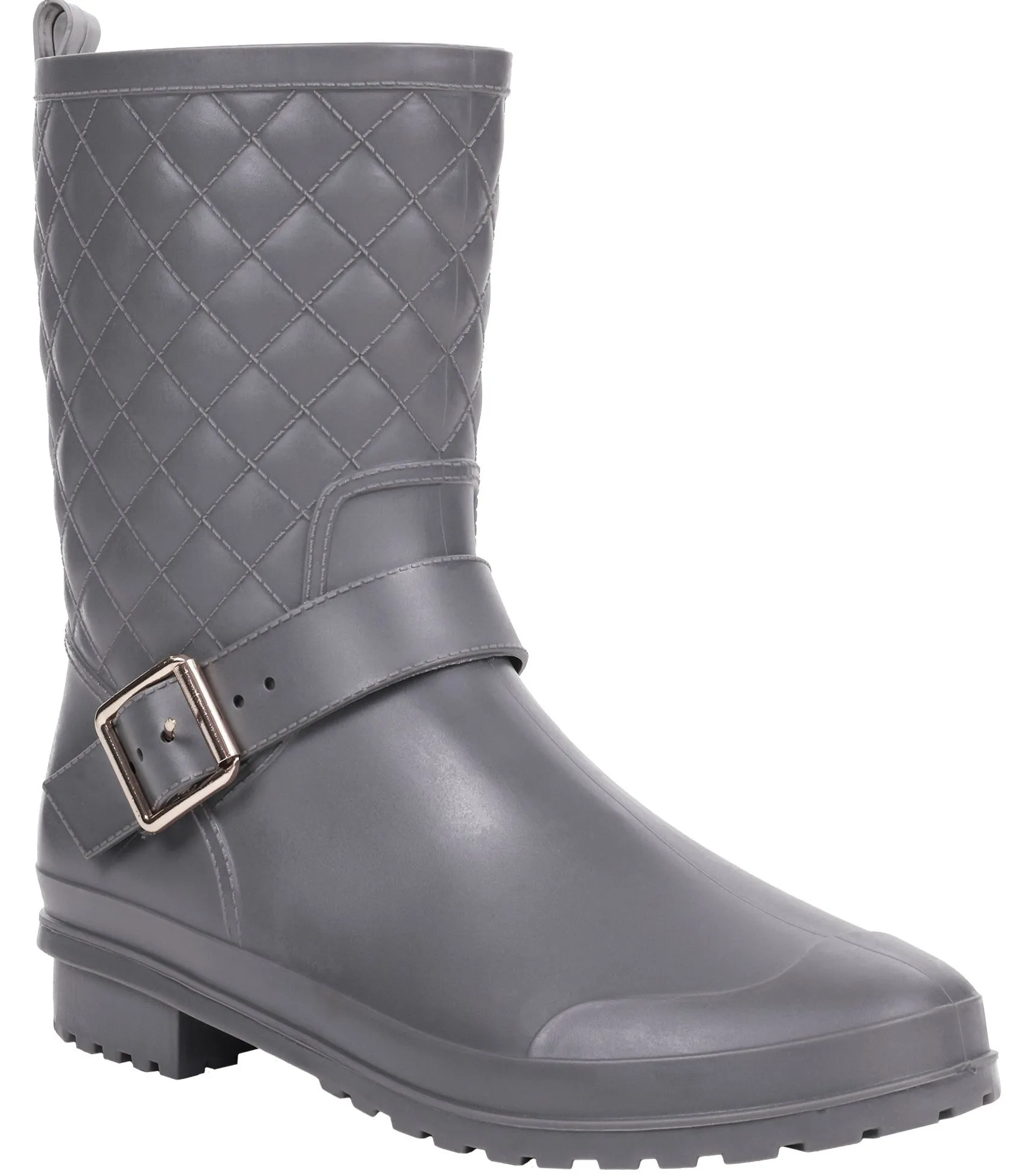Ladies Matte Solid Grey Quilted Mid-Calf Rain Boot Sporty Look