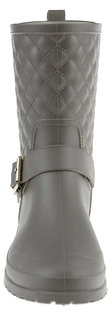 Ladies Matte Solid Grey Quilted Mid-Calf Rain Boot Outdoor Movement Slip On Fashion
