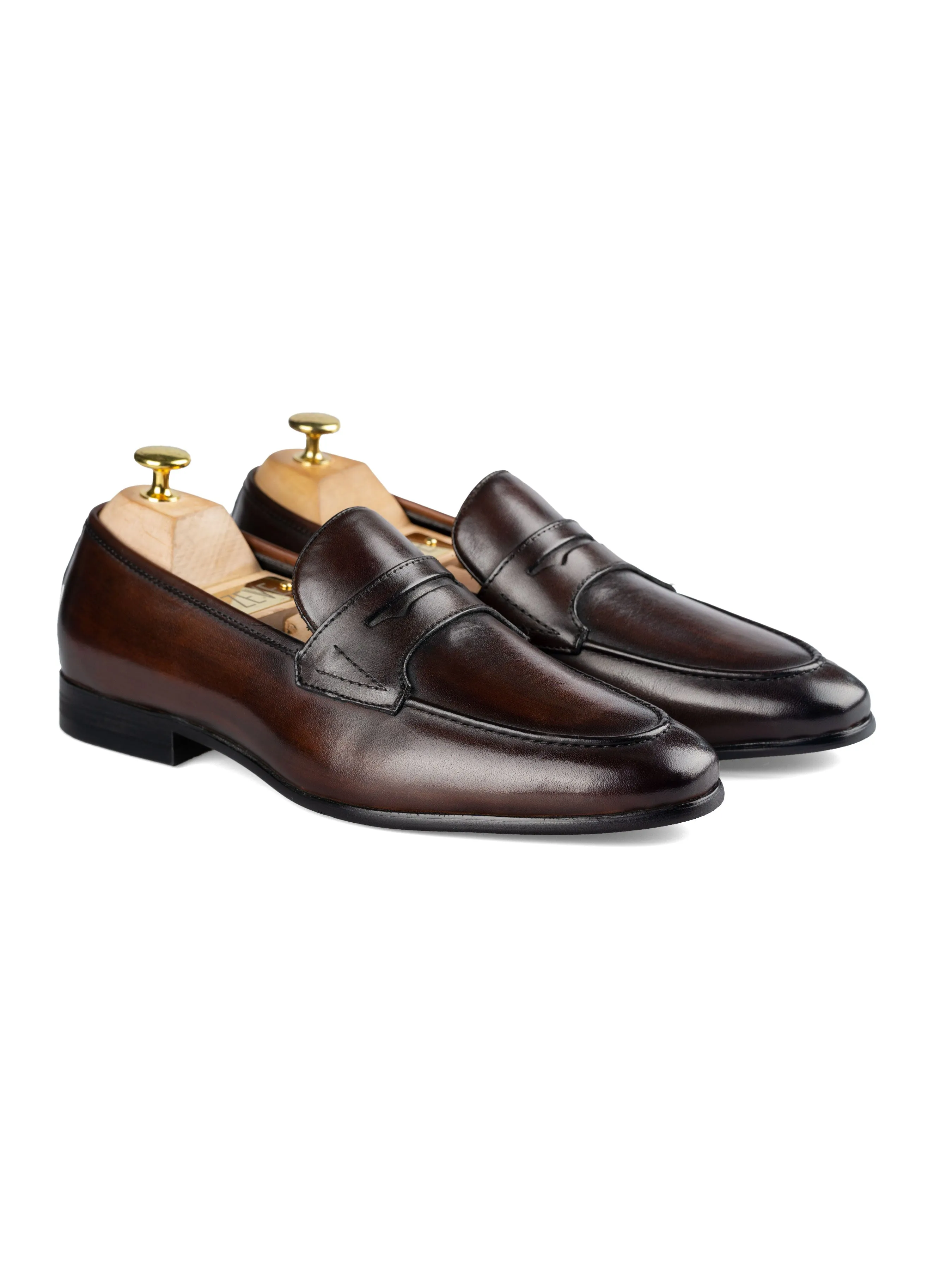 Train Ride Bright Step Penny Loafer Wing Strap - Dark Brown (Hand Painted Patina)