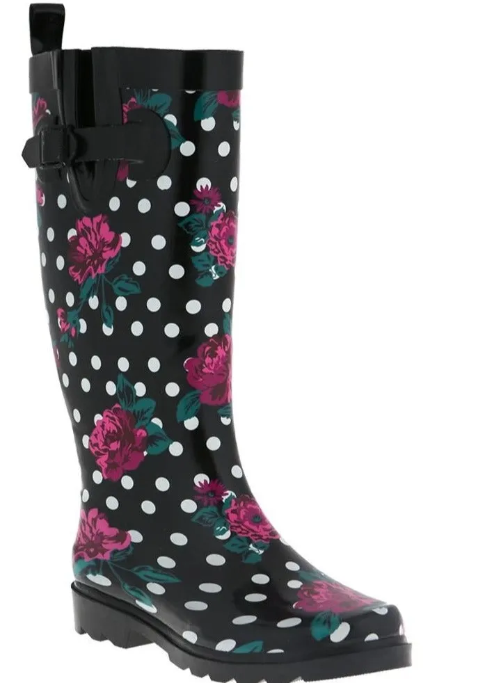 Ladies Floral Dots Tall Rubber Rain Boot All Season Protection