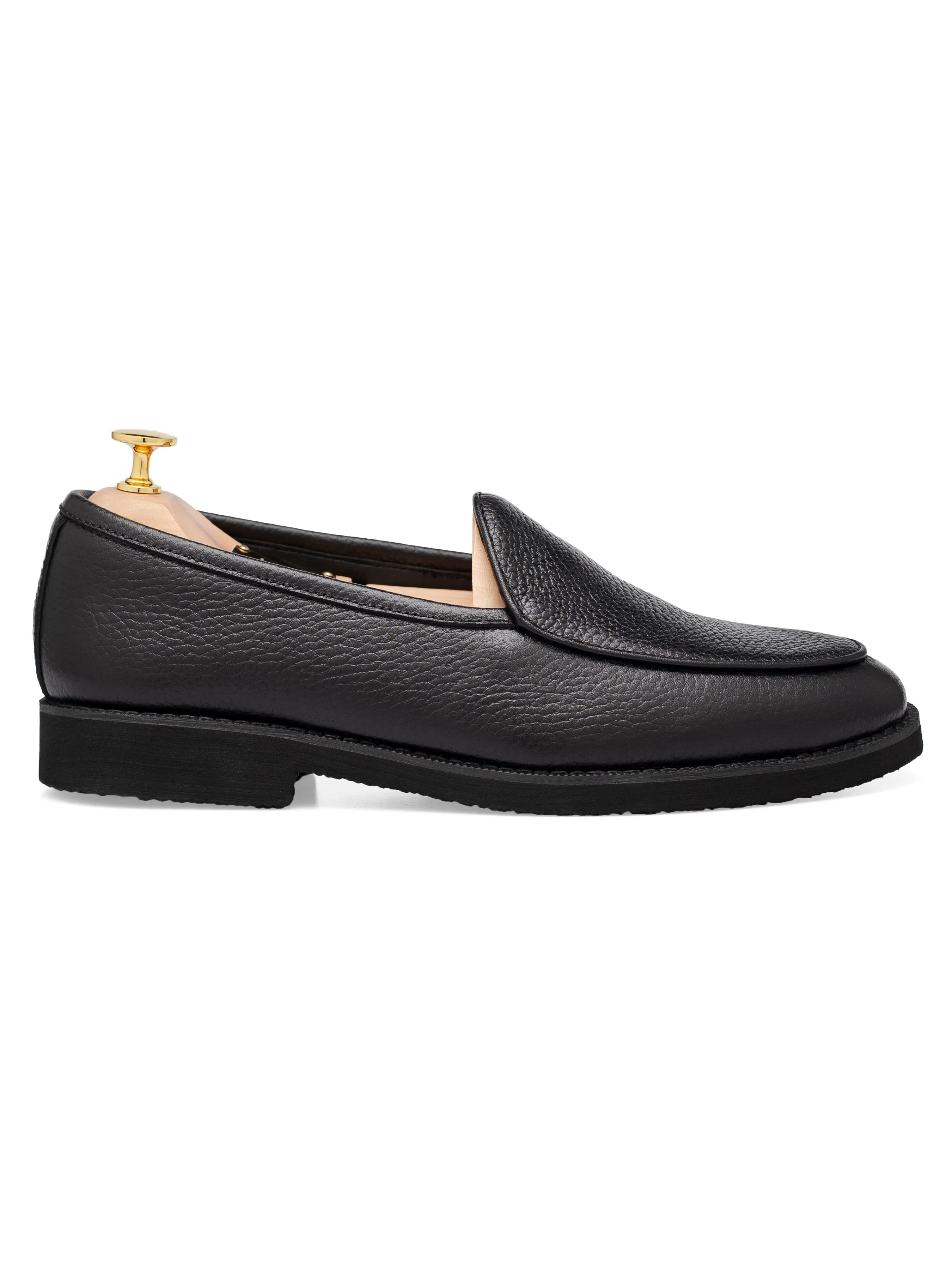 Grass Path Step Light Belgian Loafer - Black Pebble Grain Leather (Crepe Sole)