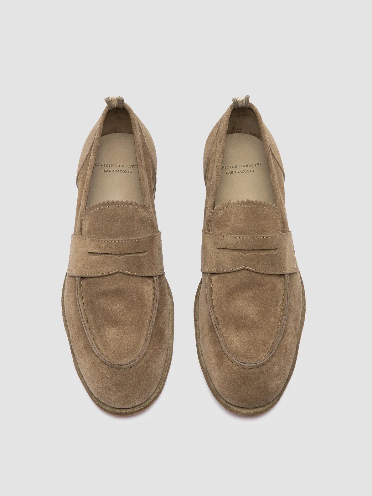 SOLITUDE 001 - Taupe Suede Penny Loafers Firm Path Ground Guard