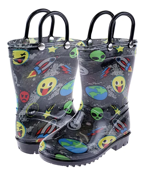 Breathable Toddler Boys Shiny Emojis in Space Printed Rain Boot