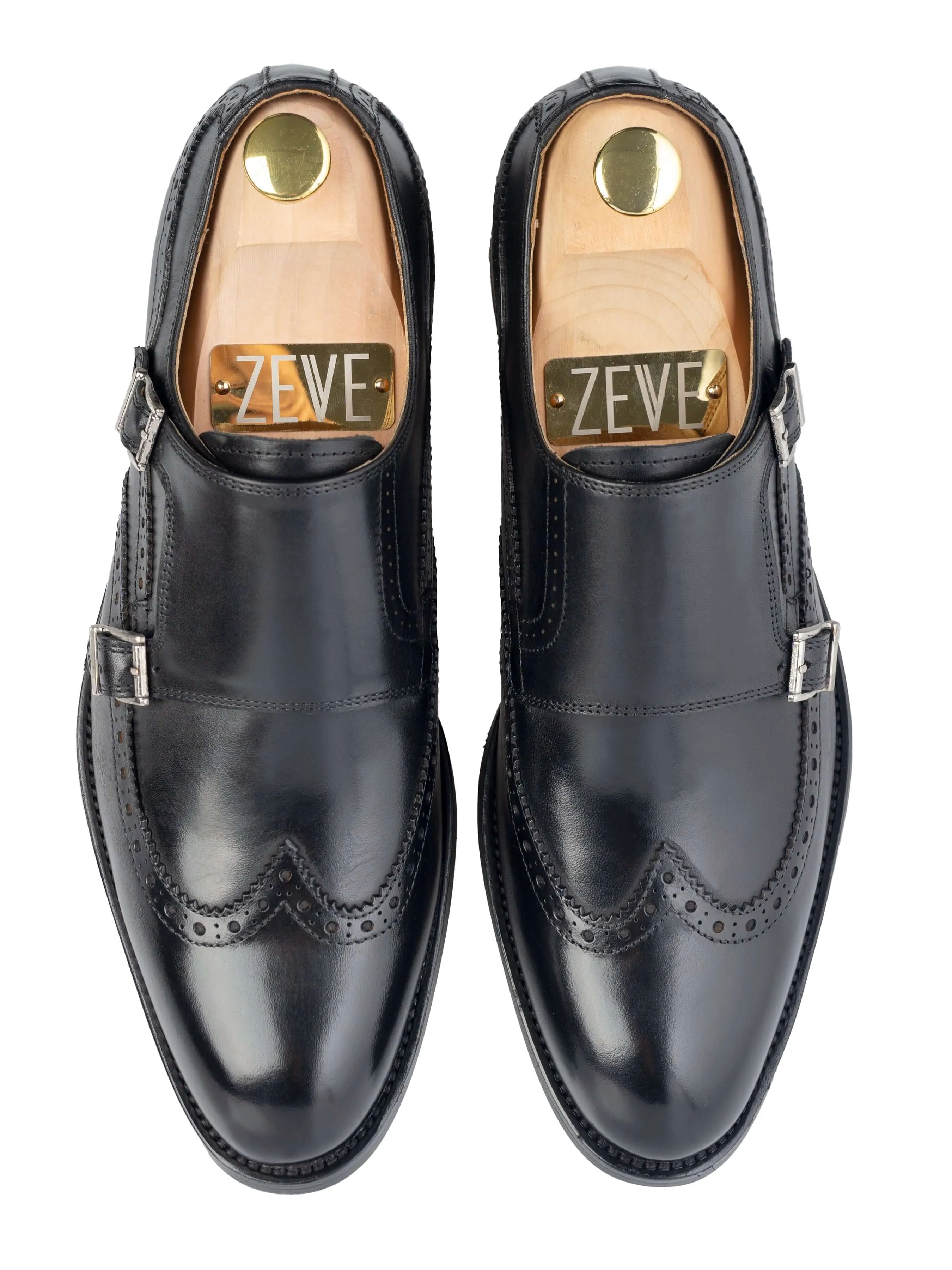 Double Monk Strap Brogue Wingtip - Solid Black (Hand Painted Patina) Quick Step On Sophisticated Style