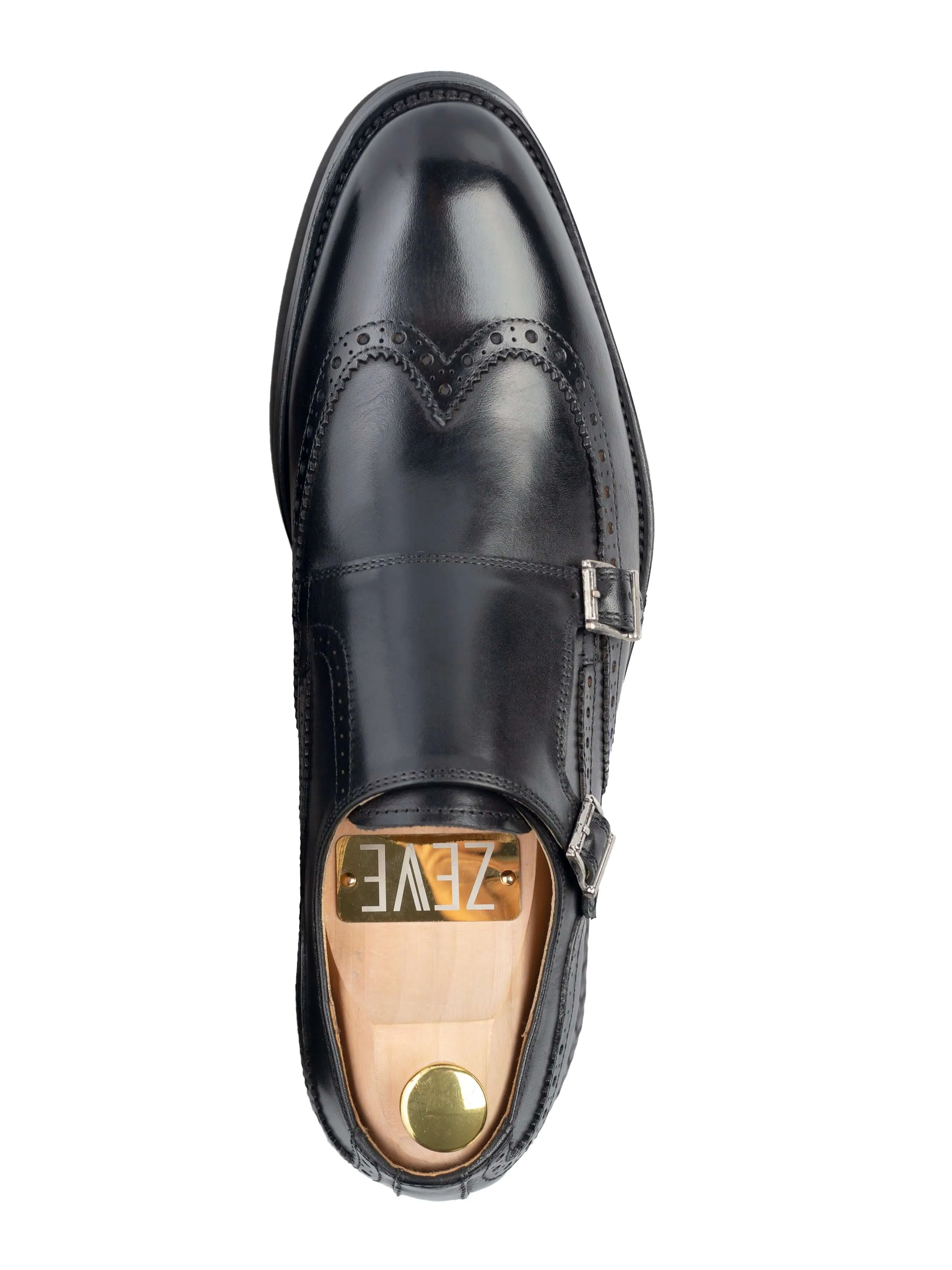 Double Monk Strap Brogue Wingtip - Solid Black (Hand Painted Patina) Bride Side Vintage Mode