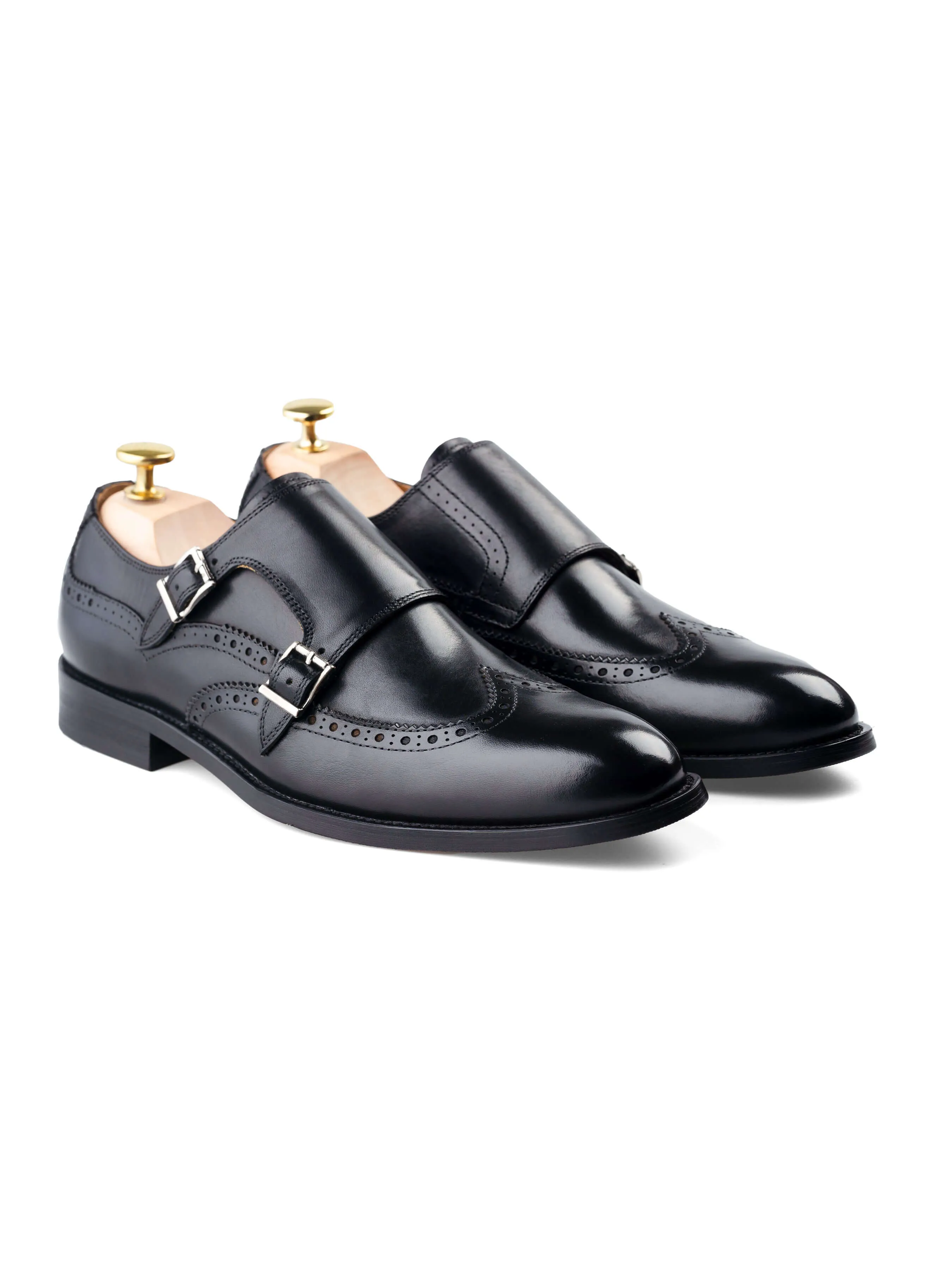 Double Monk Strap Brogue Wingtip - Solid Black (Hand Painted Patina) Weekend Comfort Premium Durability
