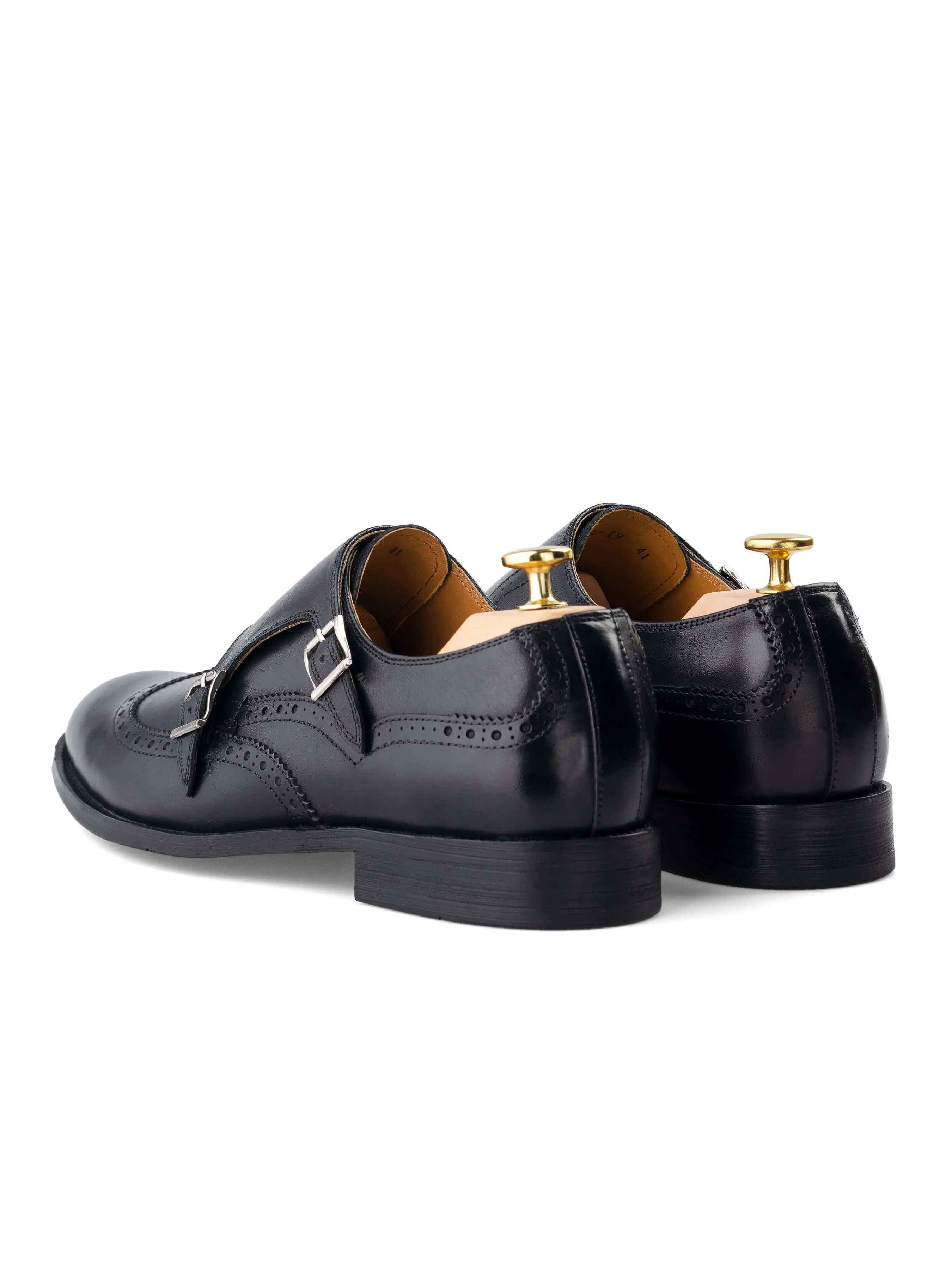 Classic Design Double Monk Strap Brogue Wingtip - Solid Black (Hand Painted Patina)