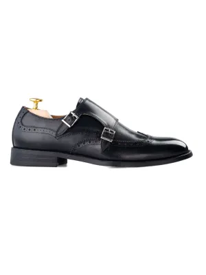 Comfortable to walk Chic Step Shoes Double Monk Strap Brogue Wingtip - Solid Black (Hand Painted Patina)
