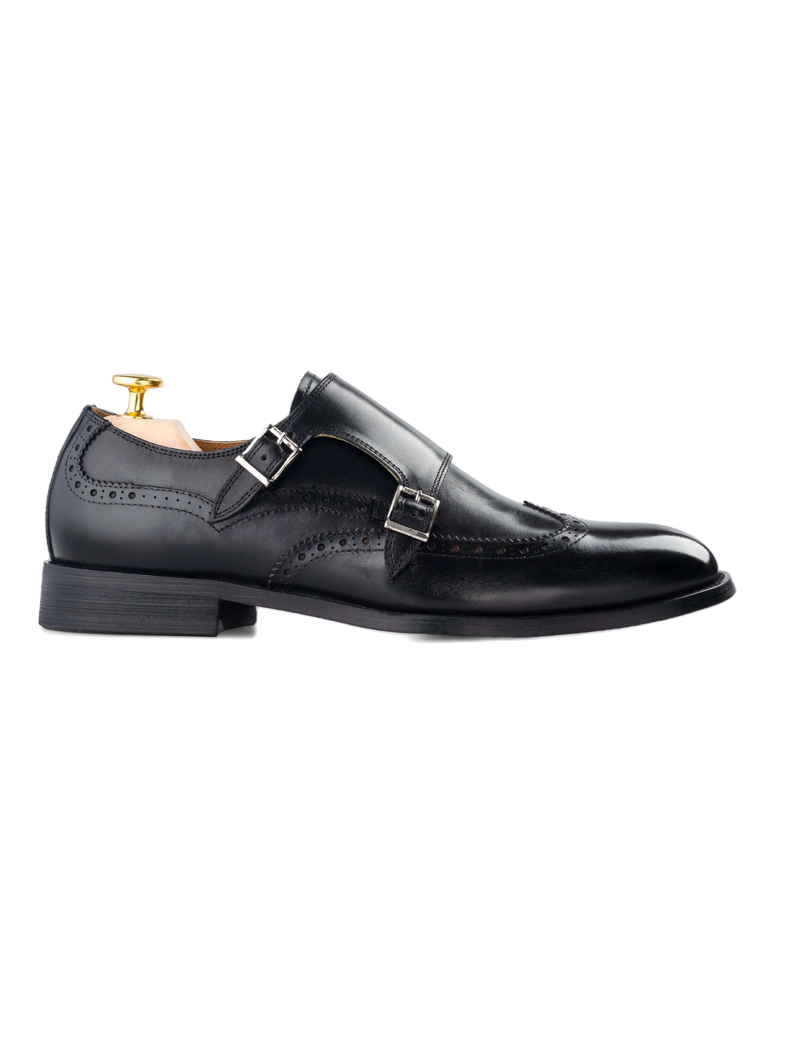 Double Monk Strap Brogue Wingtip - Solid Black (Hand Painted Patina) Refined Style
