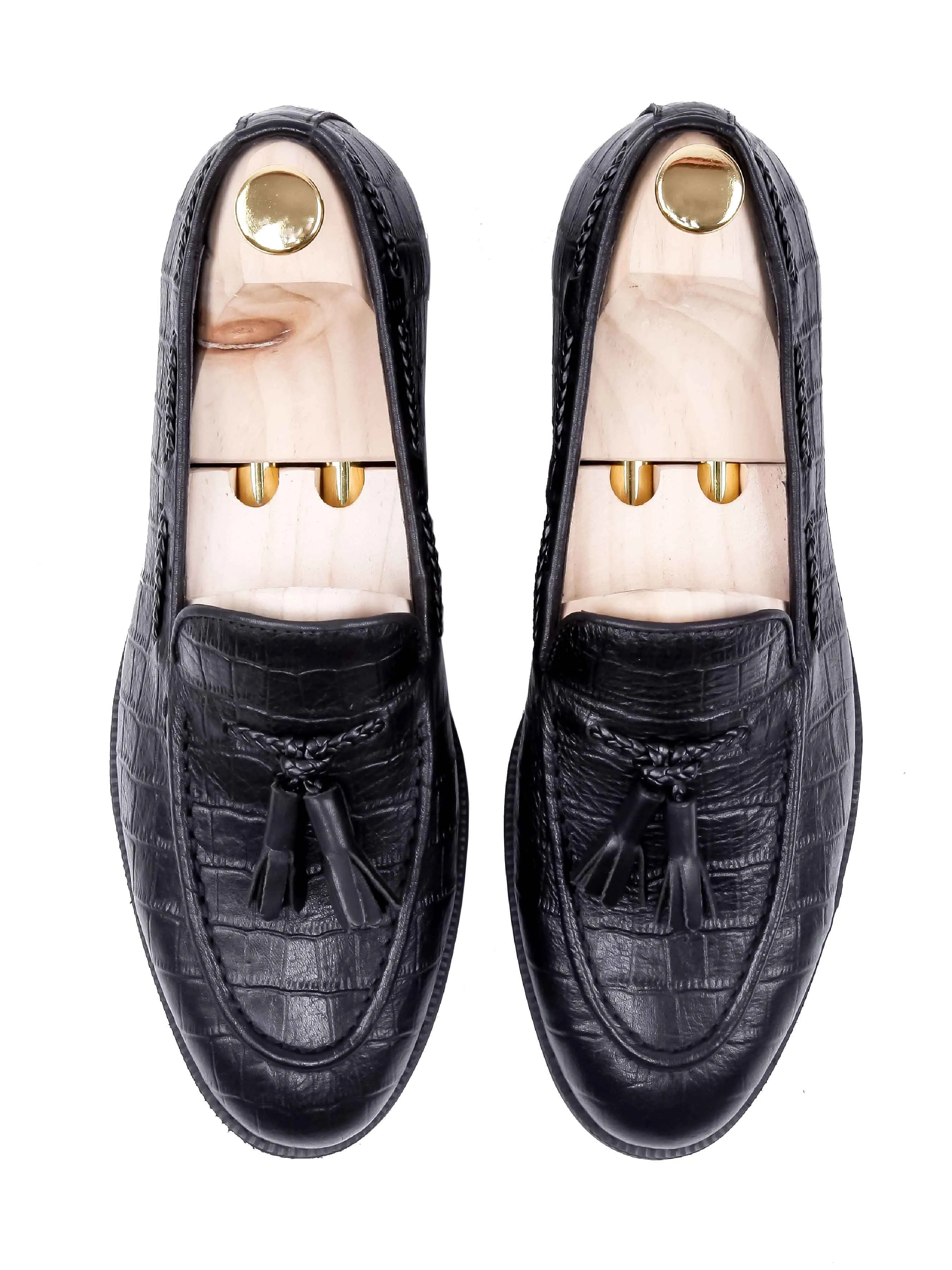 Tassel Loafer - Black Croco Leather (Crepe Sole) Comfortable Soles Long Lasting
