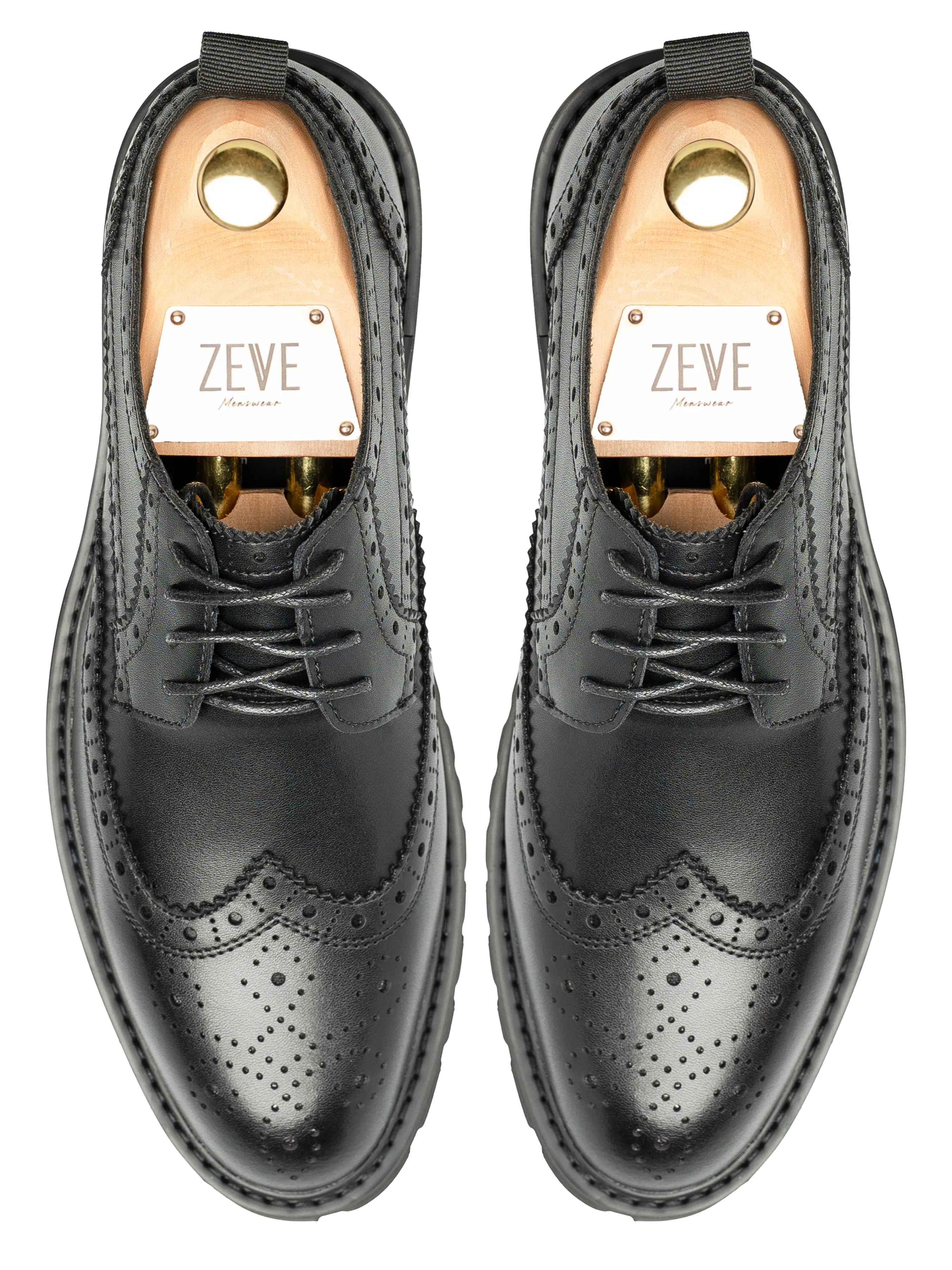 Varden Brogue - Solid Black Leather (Brava Sole) Breathable Design