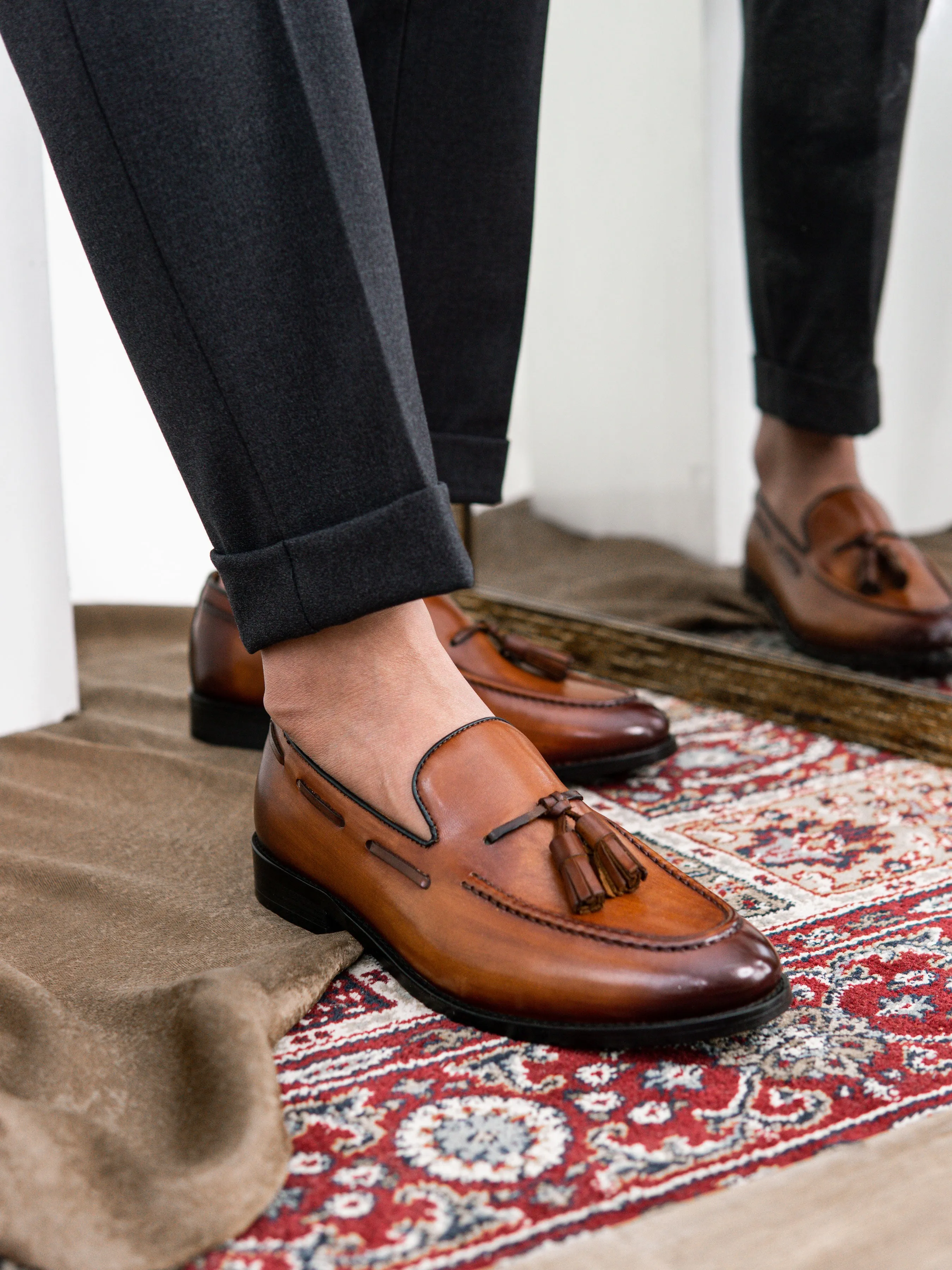 Classic Padding Clean Step Tassel Loafer - Cognac Tan (Hand Painted Patina)