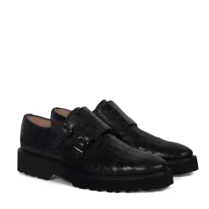 Adjustable Double Monk Black Leather Light Weight Lug Sole Shoes For Men By Brune & Bareskin Daily Edge Subtle shade