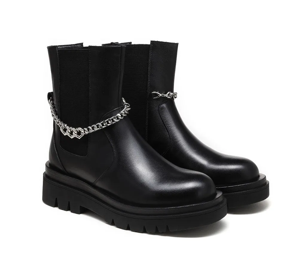 Frosty Terrain Snowy Walks EVERAU? Women Leather Removable Metal Chain Ankle Black Boots Cheska