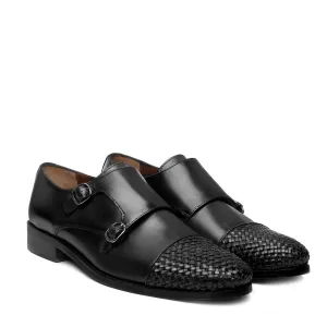 Easy Slip Stable Step Black Contrasting Cap Toe Leather Woven Detailed Double Monk With Leather Sole Shoes By Brune & Bareskin