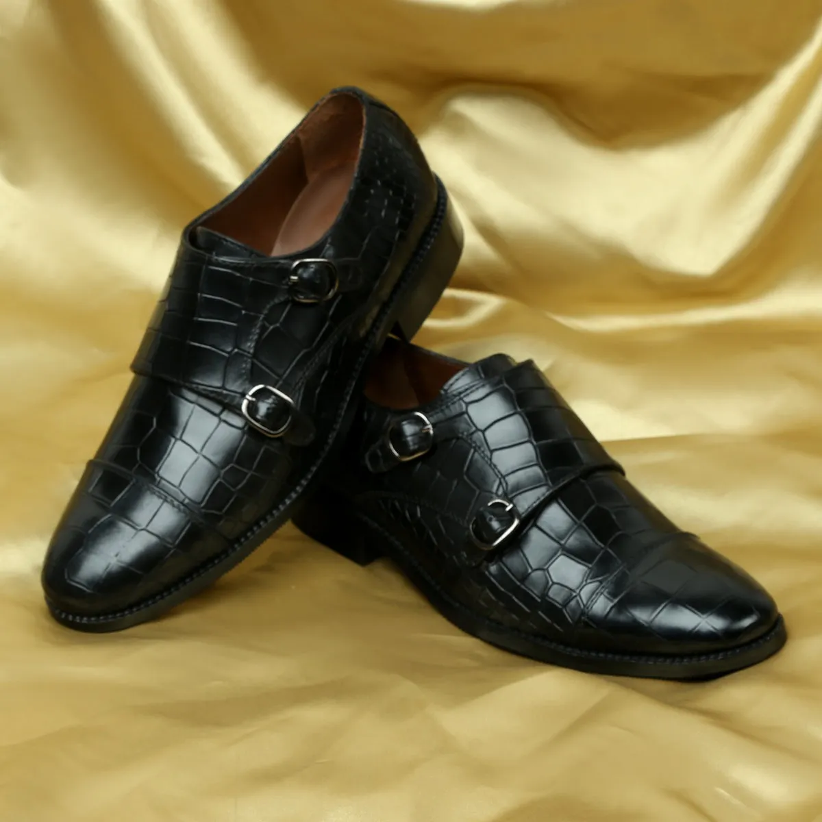 Men's Black Croco Leather Double Monk With Leather Sole Shoes By Brune & Bareskin Daily Smart