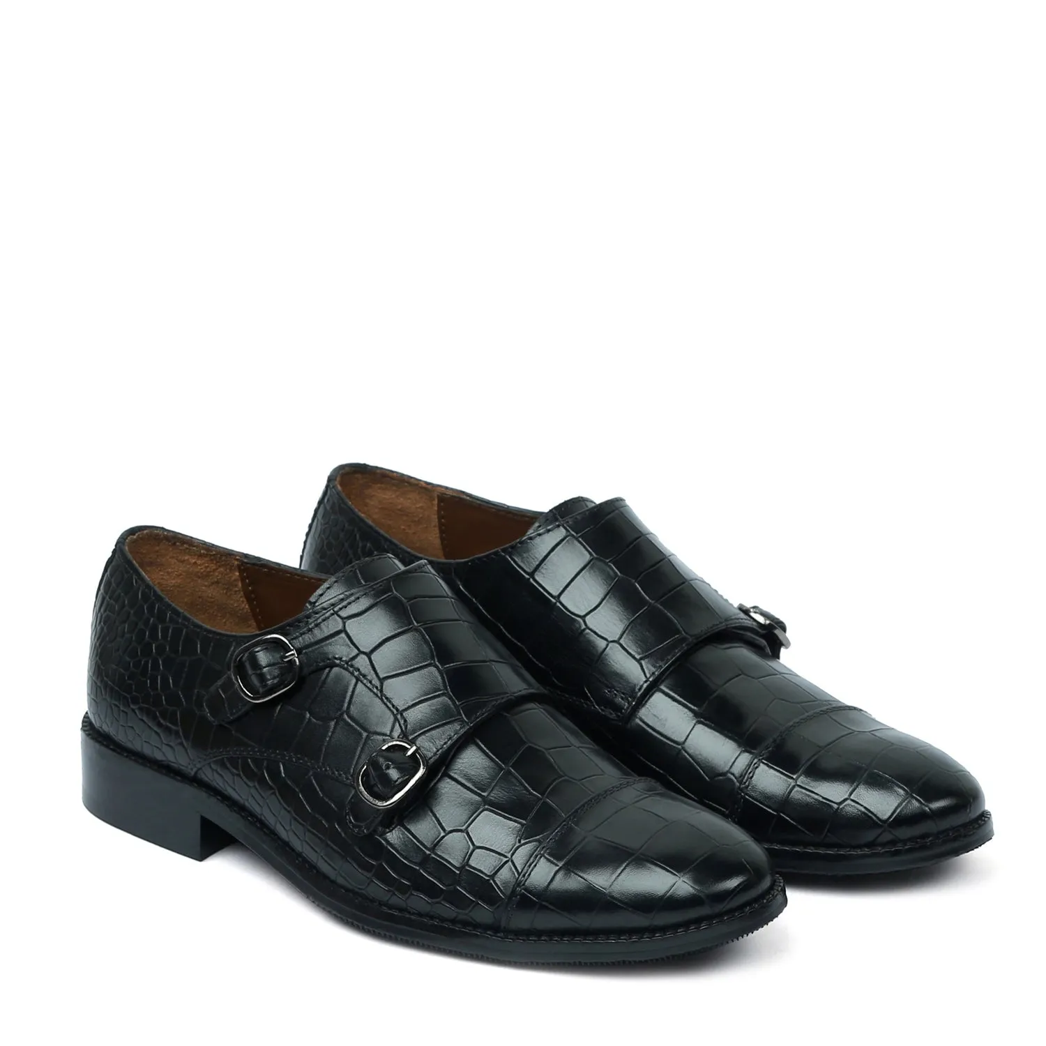 Royal Ceremony Men's Black Croco Leather Double Monk With Leather Sole Shoes By Brune & Bareskin
