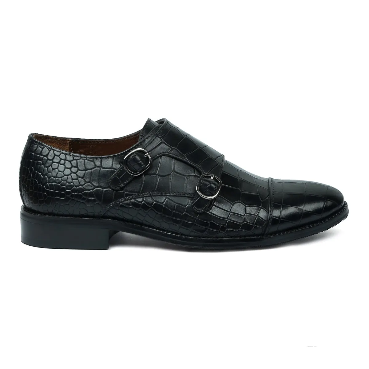 Men's Black Croco Leather Double Monk With Leather Sole Shoes By Brune & Bareskin Day Shade Calm Walk