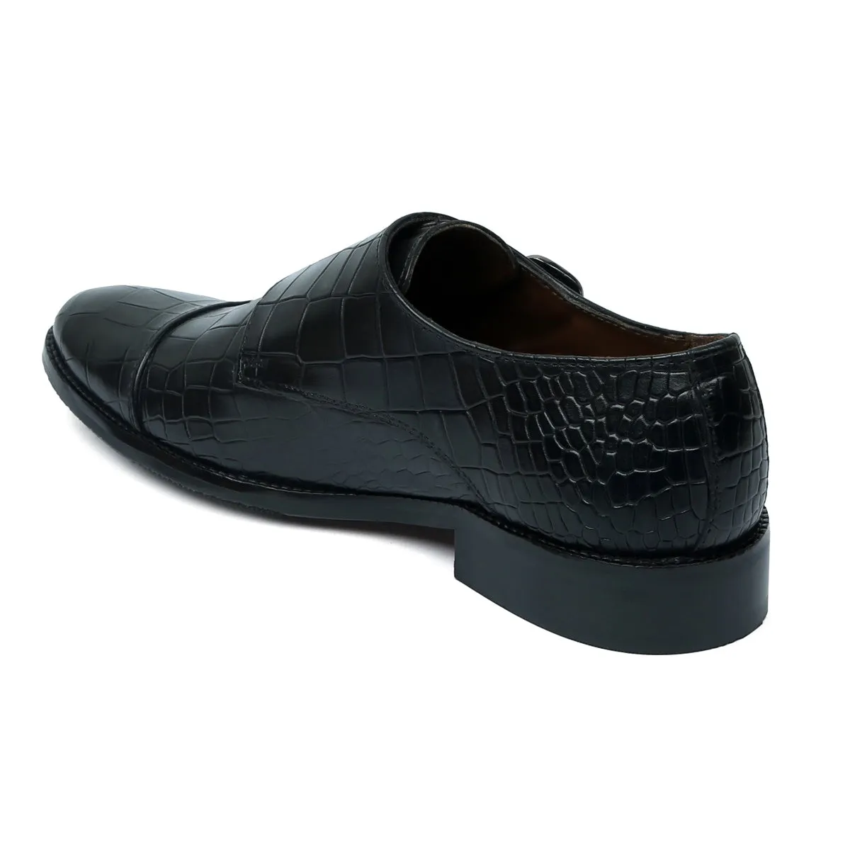 High Shine Men's Black Croco Leather Double Monk With Leather Sole Shoes By Brune & Bareskin
