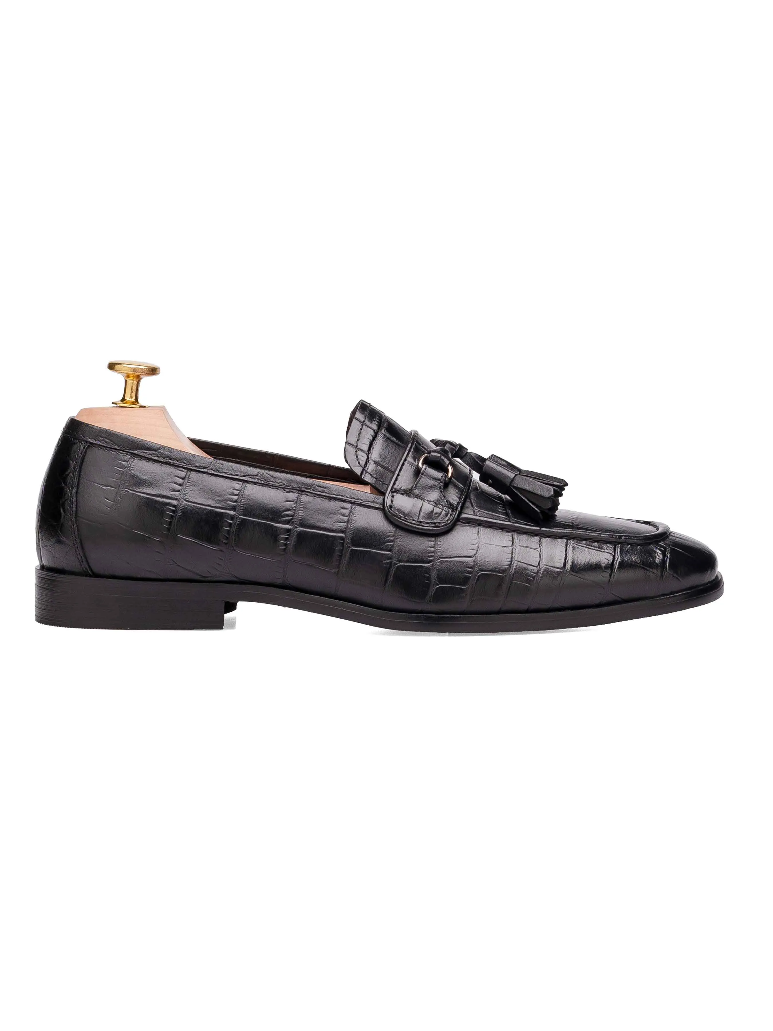 Way Firm Elvio Tassel Loafer - Black Croco Polished Leather