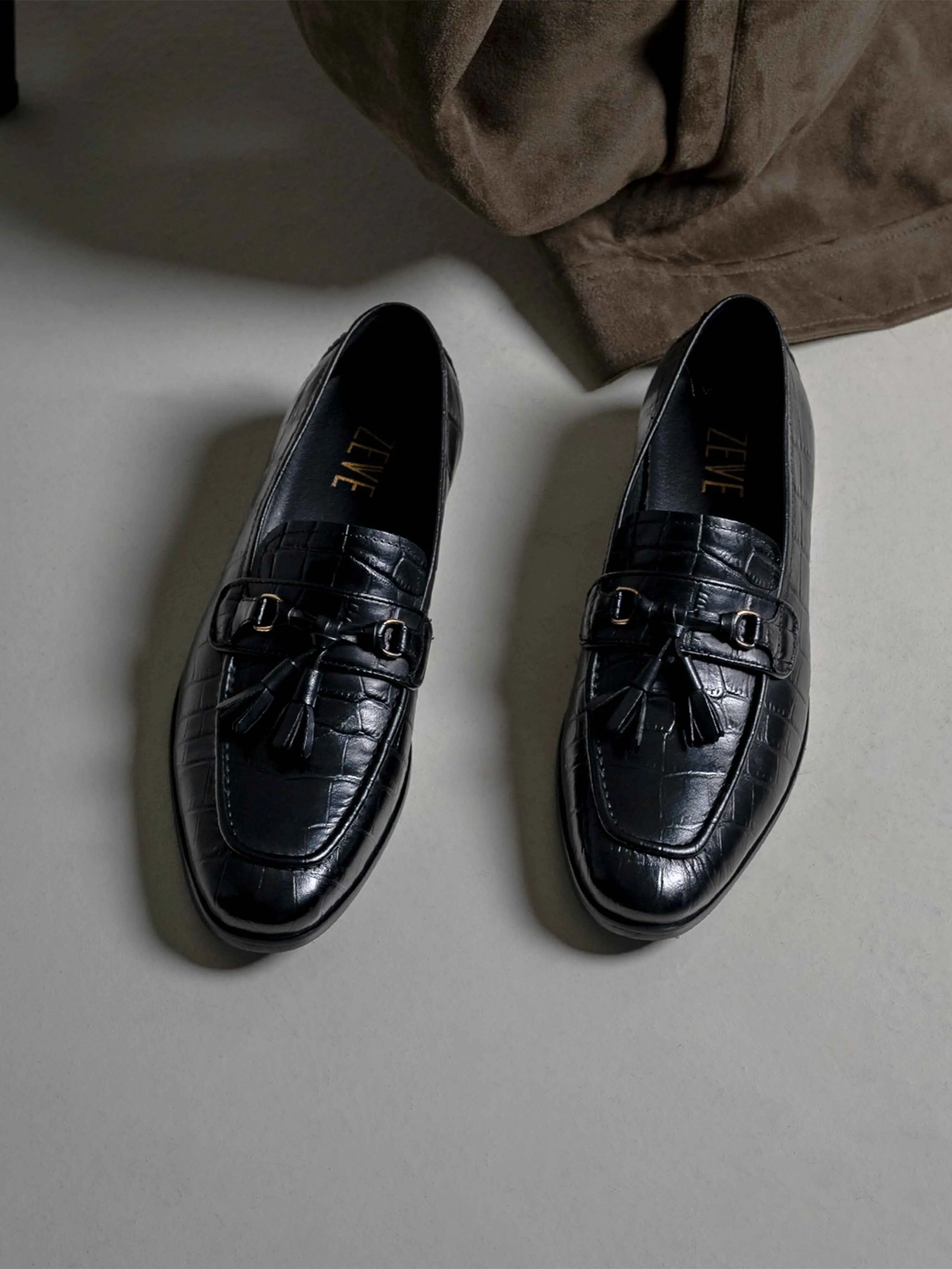 Elvio Tassel Loafer - Black Croco Polished Leather Cool Sprint Frequent Traveler